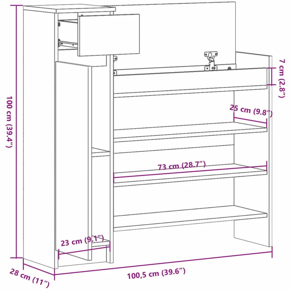 Biała szafka na buty, materiał drewnopochodny, 100,5 x 28 x 100 cm, z 1 szufladą, 2 drzwi, 4 półki, do korytarza, wejścia, sypialni, stylowa
