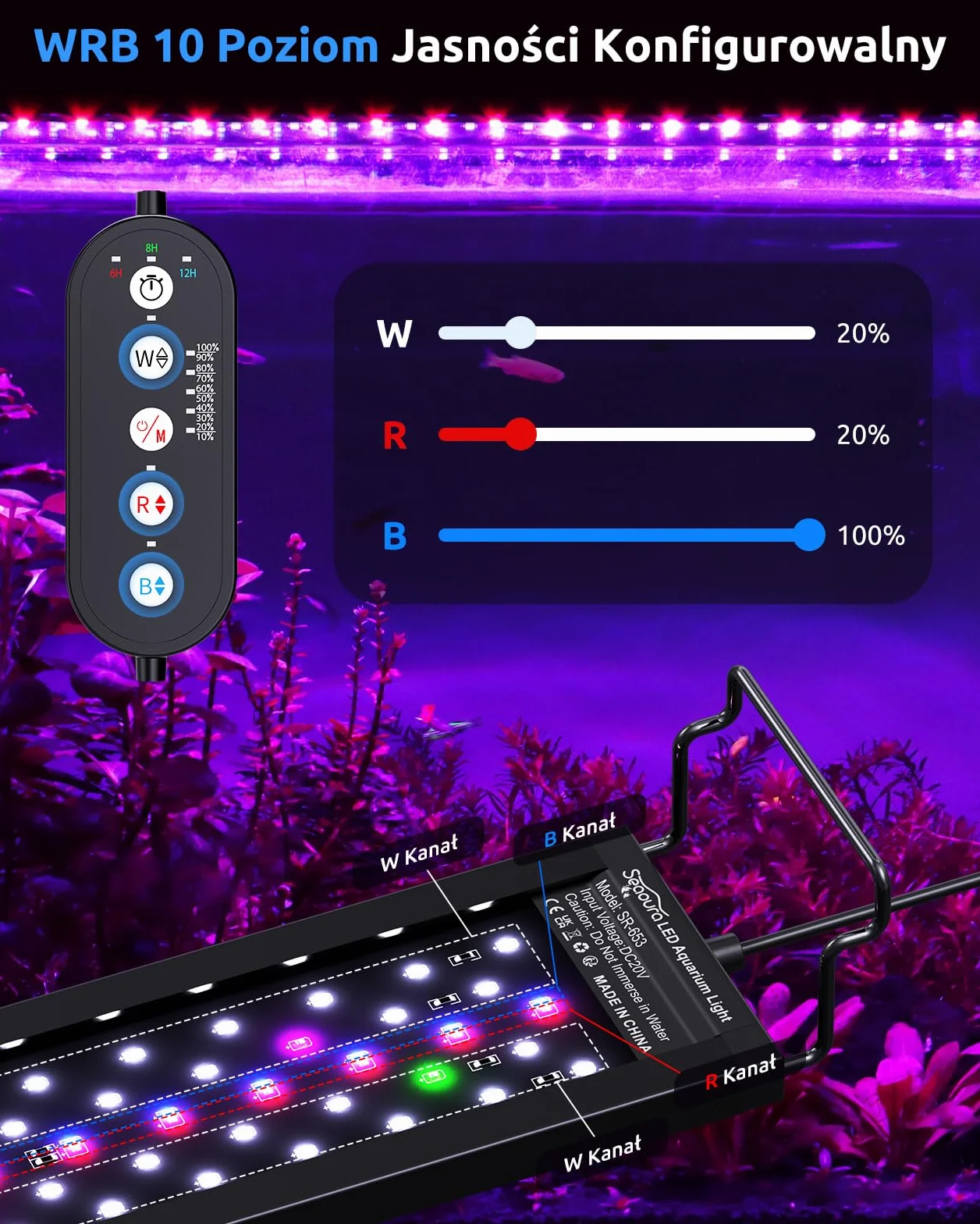 SEAOURA Oświetlenie LED do akwarium 30-45cm pełne spektrum timer WRB 3 kanały 10 jasności 11 kolorów