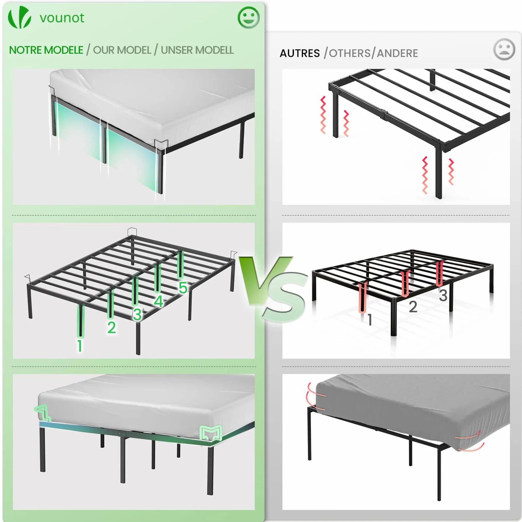 VOUNOT® Stelaż łóżka 180x200 cm z metalu z listwami i miejscem do przechowywania pod łóżkiem, rama łóżka do sypialni i pokoju gościnnego, cichy i solidny, wysokość 36 cm, czarny