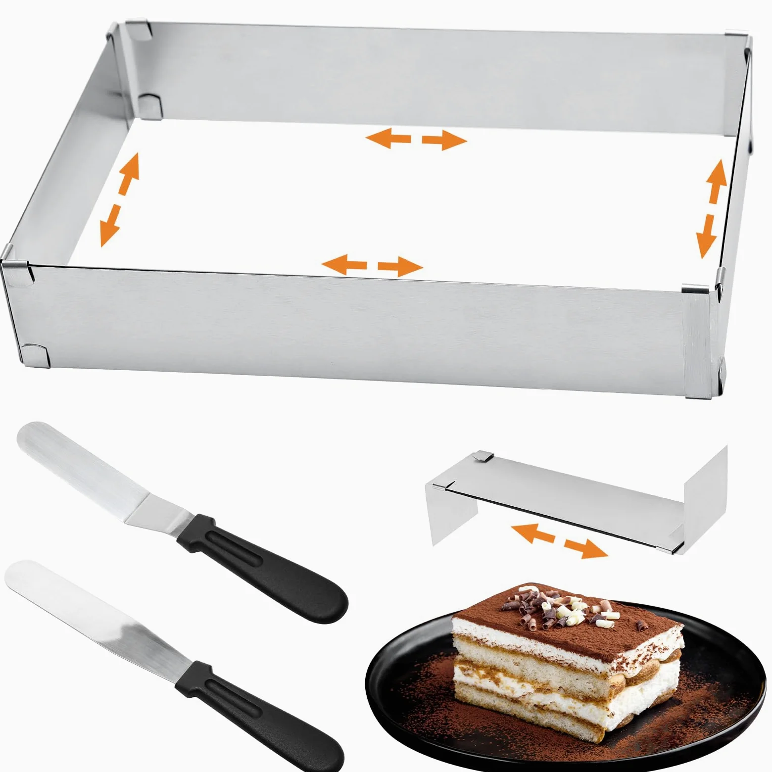 Rama do pieczenia prostokątna regulowana, wysokość 5 cm, stal nierdzewna, prostokątny pierścień do ciasta z przegrodą i łopatką, rama do pieczenia do ciasta prostokątna do tiramisu, tortów