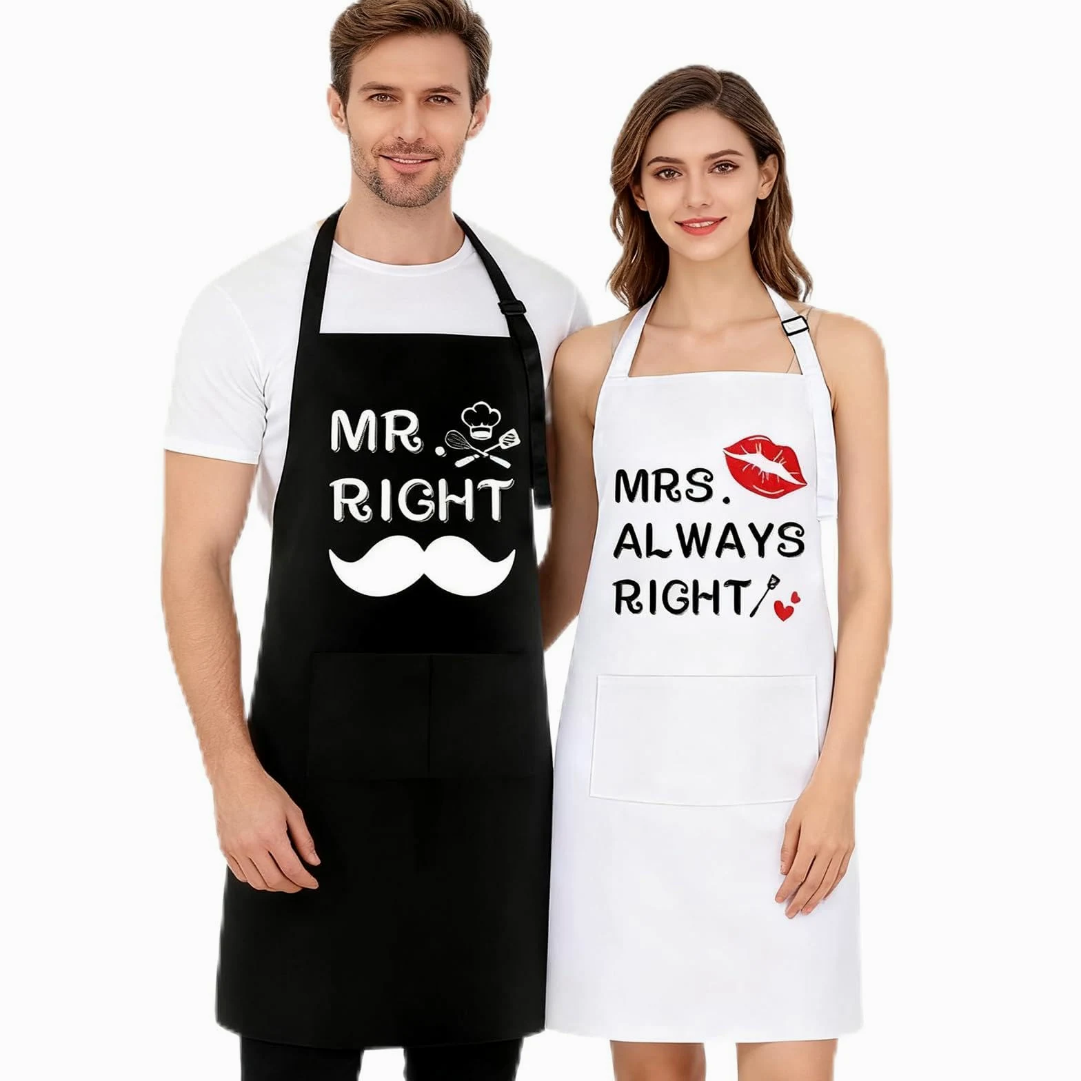 2 sztuki fartuchów kuchennych Mr. & Mrs na prezenty ślubne, z regulowanym pałąkiem na szyję i 2 kieszeniami, fartuchy kuchenne na ślub, prezenty dla pary młodej, zaręczyny, Walentynki