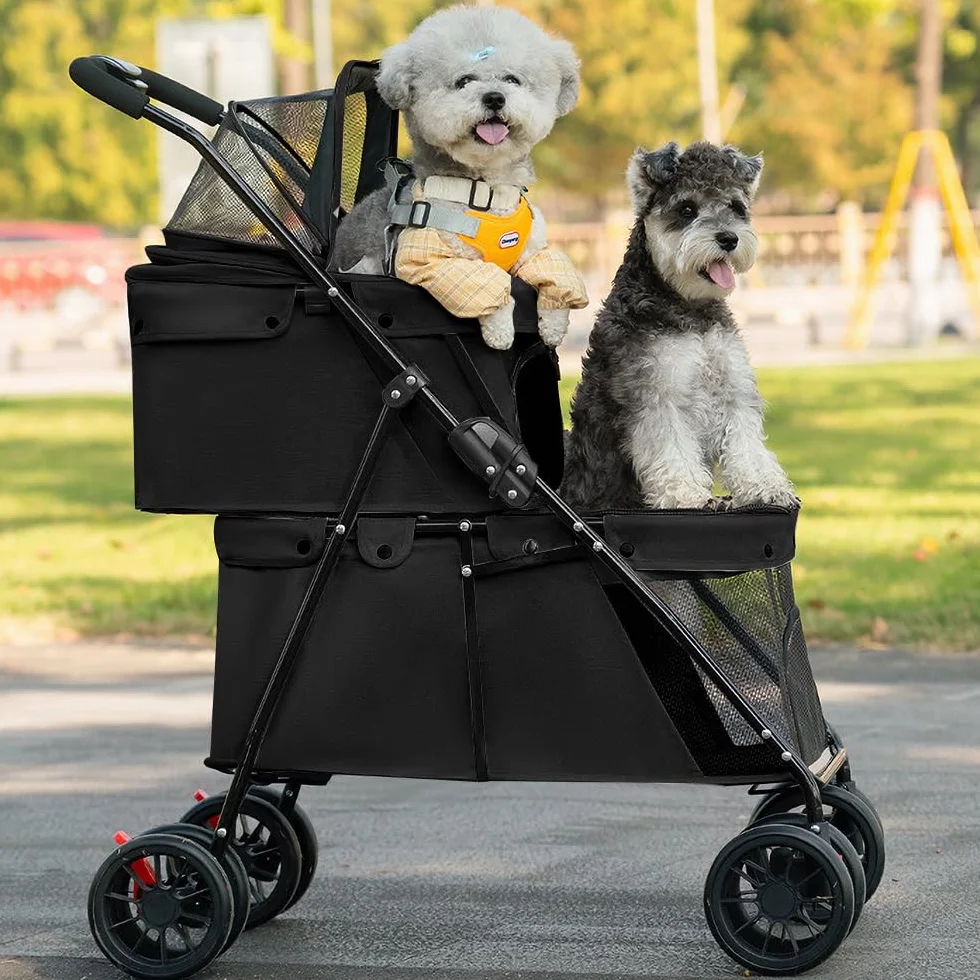 2-warstwowy składany wózek dla psa, wózek dla psa i kota, tkanina Oxford 300D + oddychająca siatka (czarny, 67 x 50 x 95 cm)