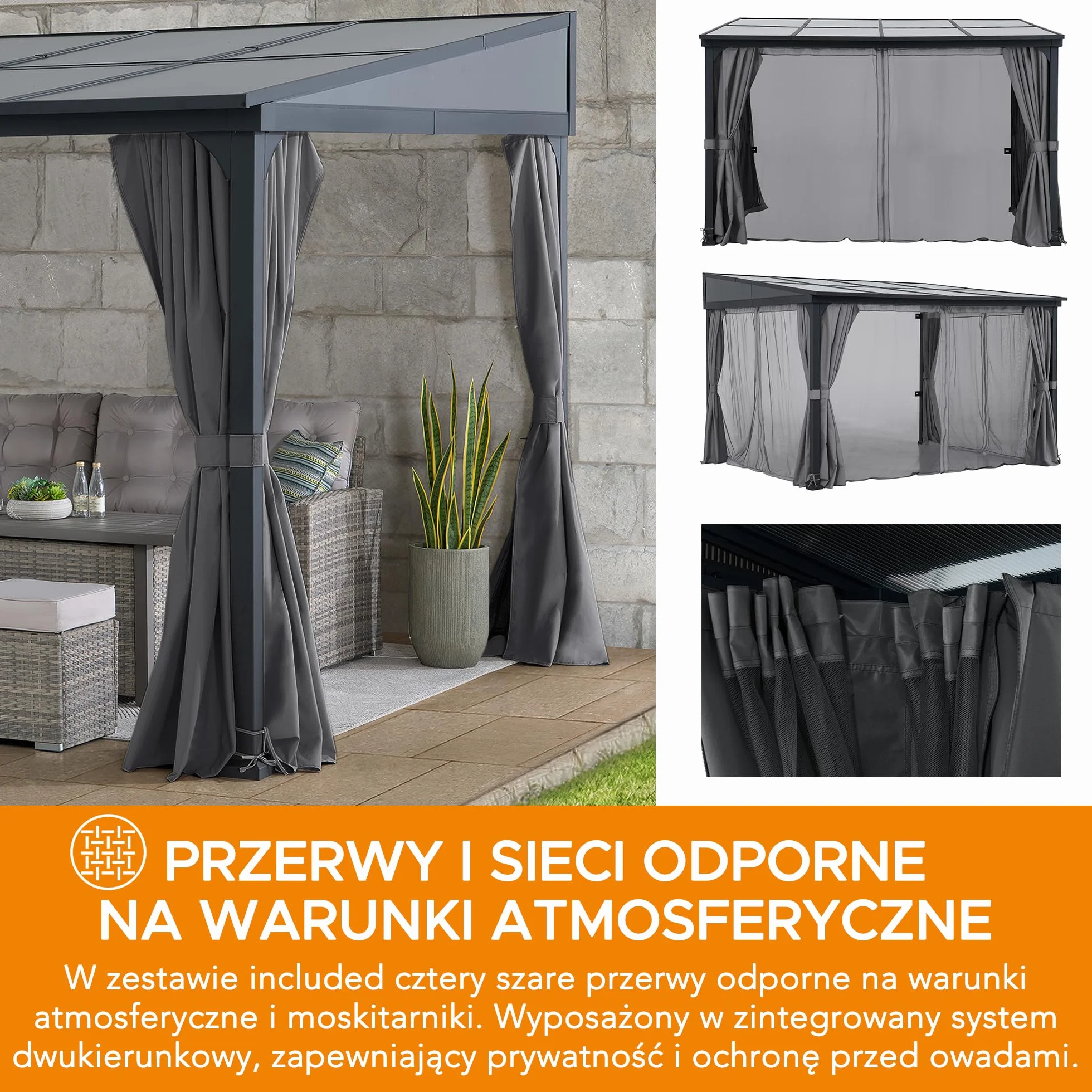 SUNJOY Pawilon Przyścienny 3 x 3,6 m z Zasłonami i Moskitiery, Grubsze Słupy 8 cm, Metalowa Konstrukcja, Wodoodporny Dach z Poliwęglanu, Pergola do Ogrodu, Tarasu i Werandy