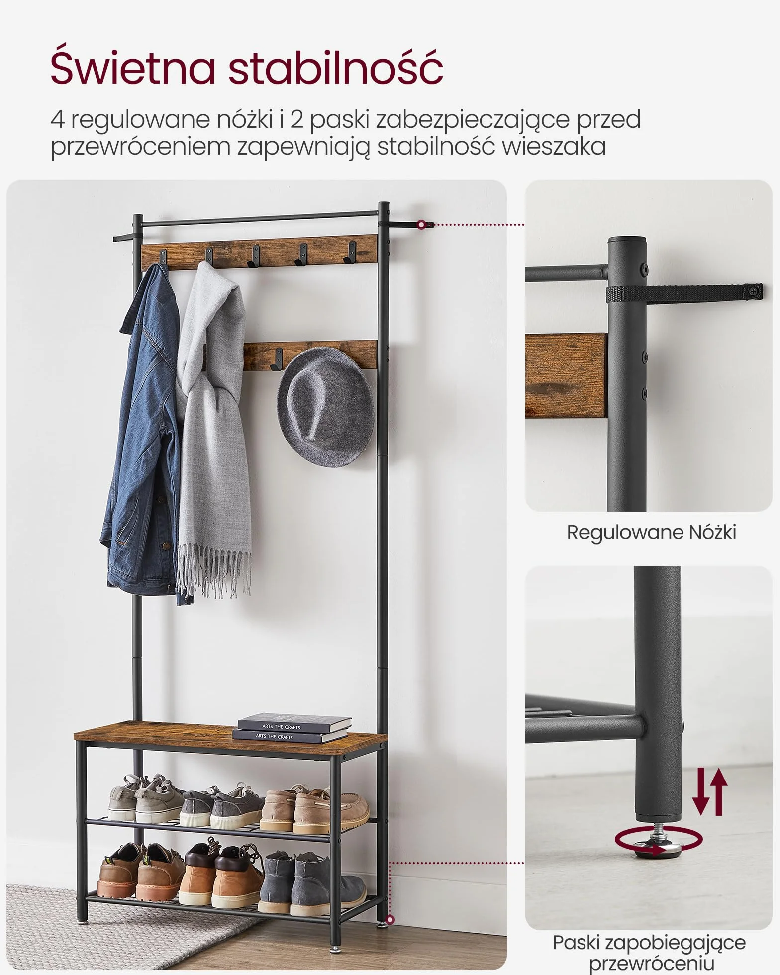 VASAGLE Metalowy wieszak z haczykami na ubrania z 3 półkami na buty i siedziskiem, do korytarza, wysokość 175 cm, styl industrialny, brązowy vintage HSR41BX