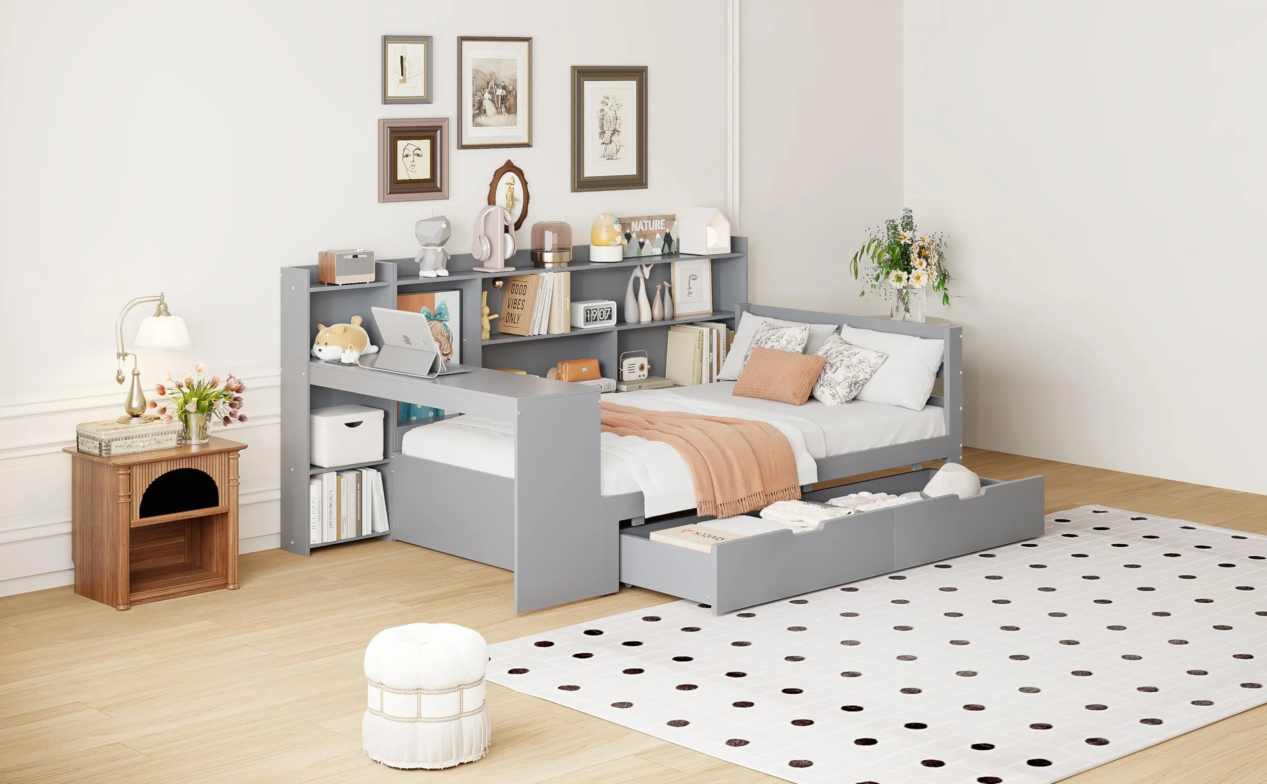 Wielofunkcyjna sofa z funkcją spania z litego drewna z wbudowanym biurkiem, gniazdkiem i miejscem do przechowywania – zajmuje mało miejsca 90 x 200 cm, w kolorze szarym do salonu, pokoju gościnnego