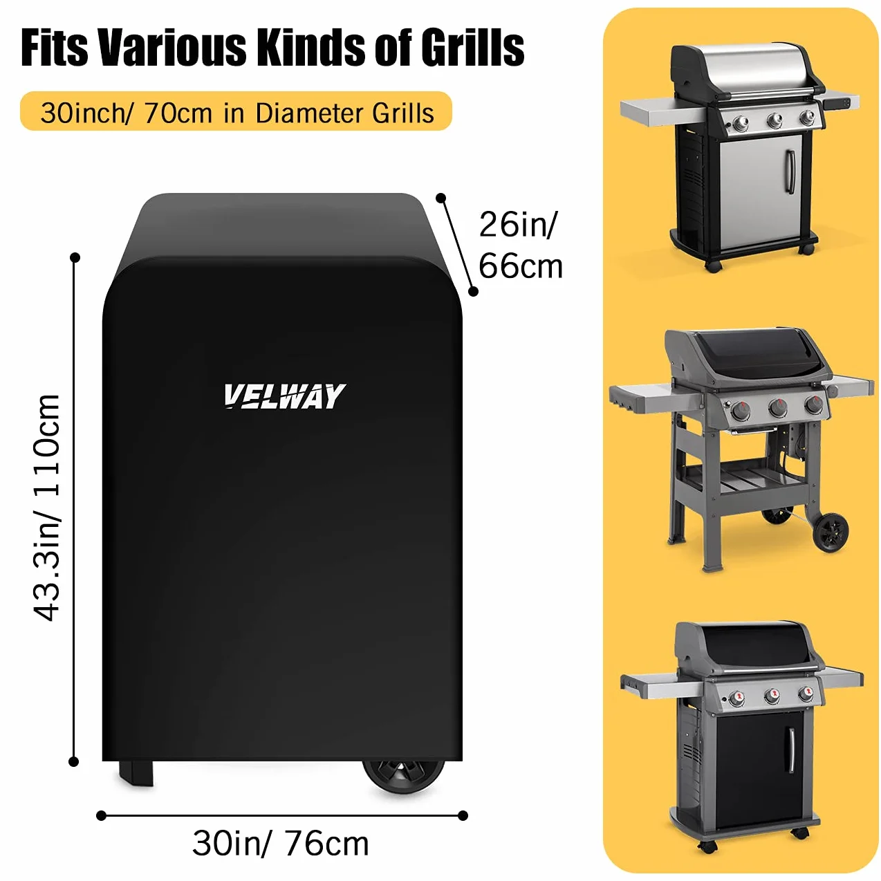 Velway Pokrowiec na grill gazowy, wodoodporny, wytrzymały, tkanina Oxford 210D, pokrowiec na grilla, ochrona przed promieniowaniem UV, pyłoszczelny, wiatroszczelny, odporny na warunki atmosferyczne,