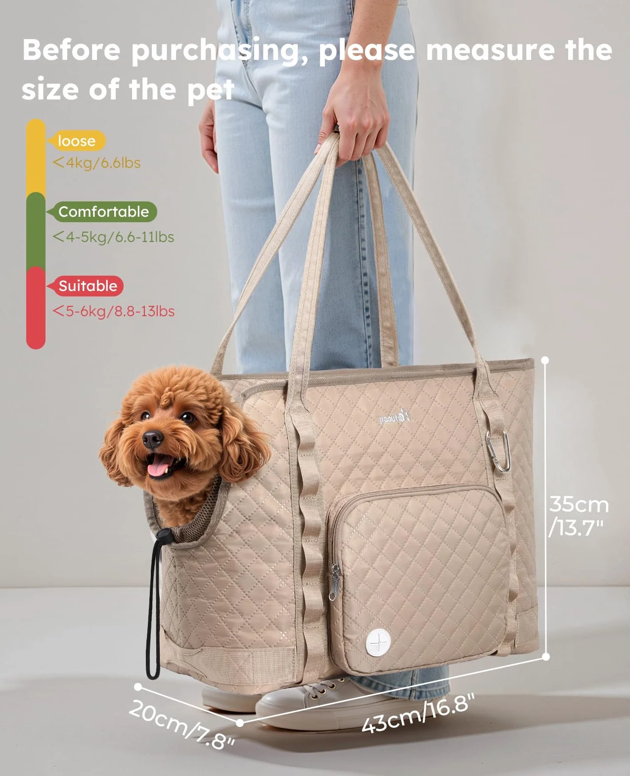 pecute Torba dla małych psów, 5 kg, torba do noszenia psa, lekka, składana, torba transportowa dla psów, torba transportowa na podróż, khaki, XL