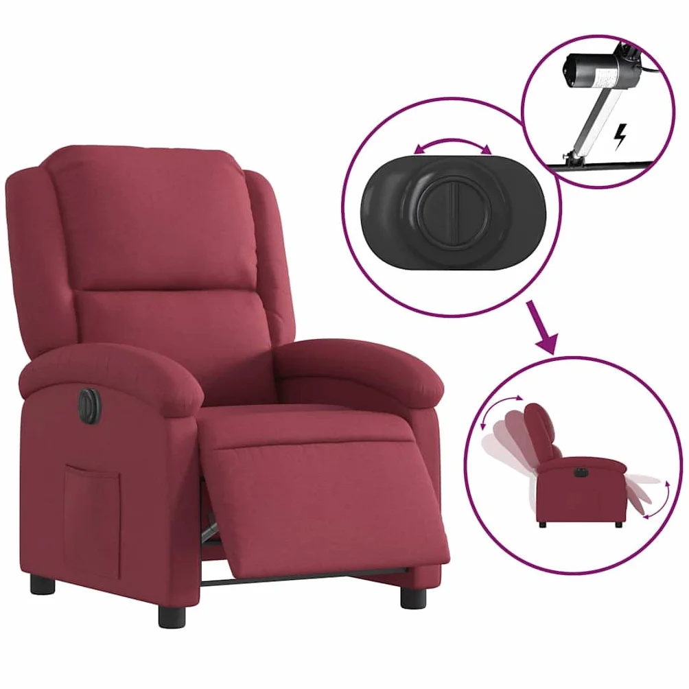 Fotel relaksacyjny, elektryczny kolor czerwonego wina, materiał z funkcją leżenia i regulowanym oparciem, wyściełany fotel telewizyjny z podłokietnikami, ergonomiczny do salonu, czytania i