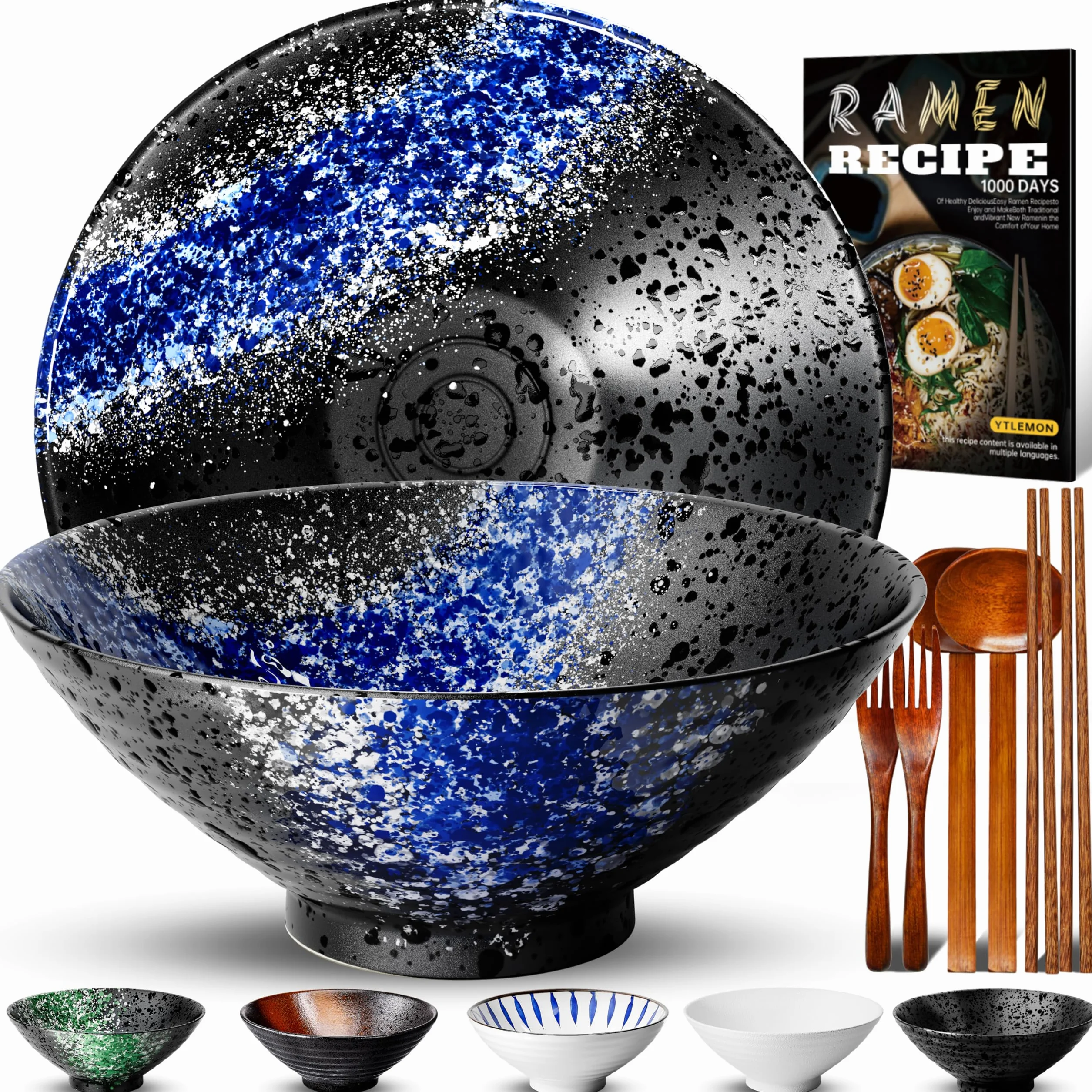 Zestaw 2 Ceramicznych Misek Do Ramenu, Porcelanowe Japońskie Sałatki Makarony Zboża Owoce Makaron Zupa Duże Miski 1000Ml Przepisami Pałeczki Widelce I Łyżki Na Imprezę Mężczyźni Kobiety Prezent