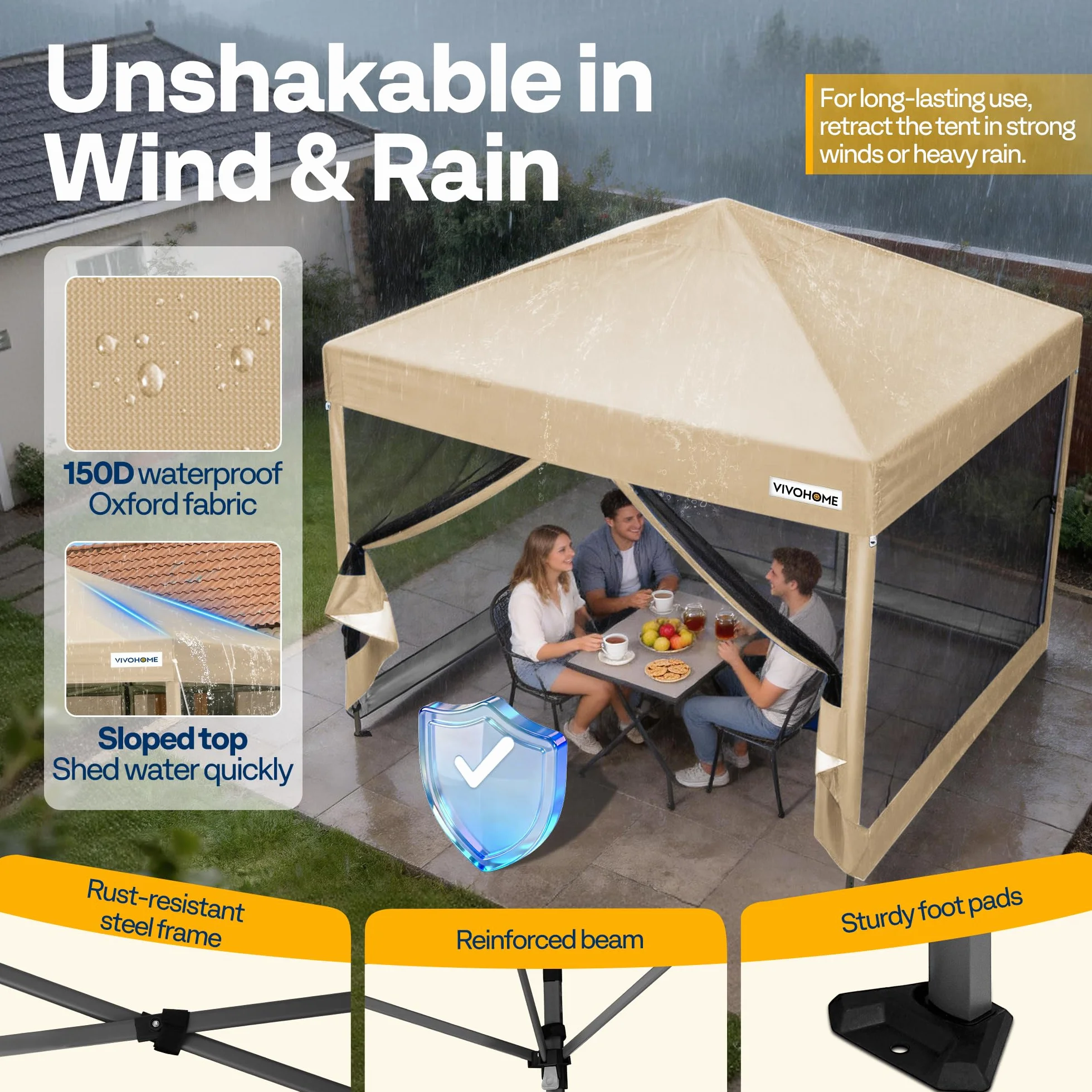 VIVOHOME Altana składana Easy Pop-Up 3x3 m Wodoodporny namiot z moskitierą UV z 2 drzwiami na zamek błyskawiczny i torbą na kółkach na imprezy camping i na zewnątrz