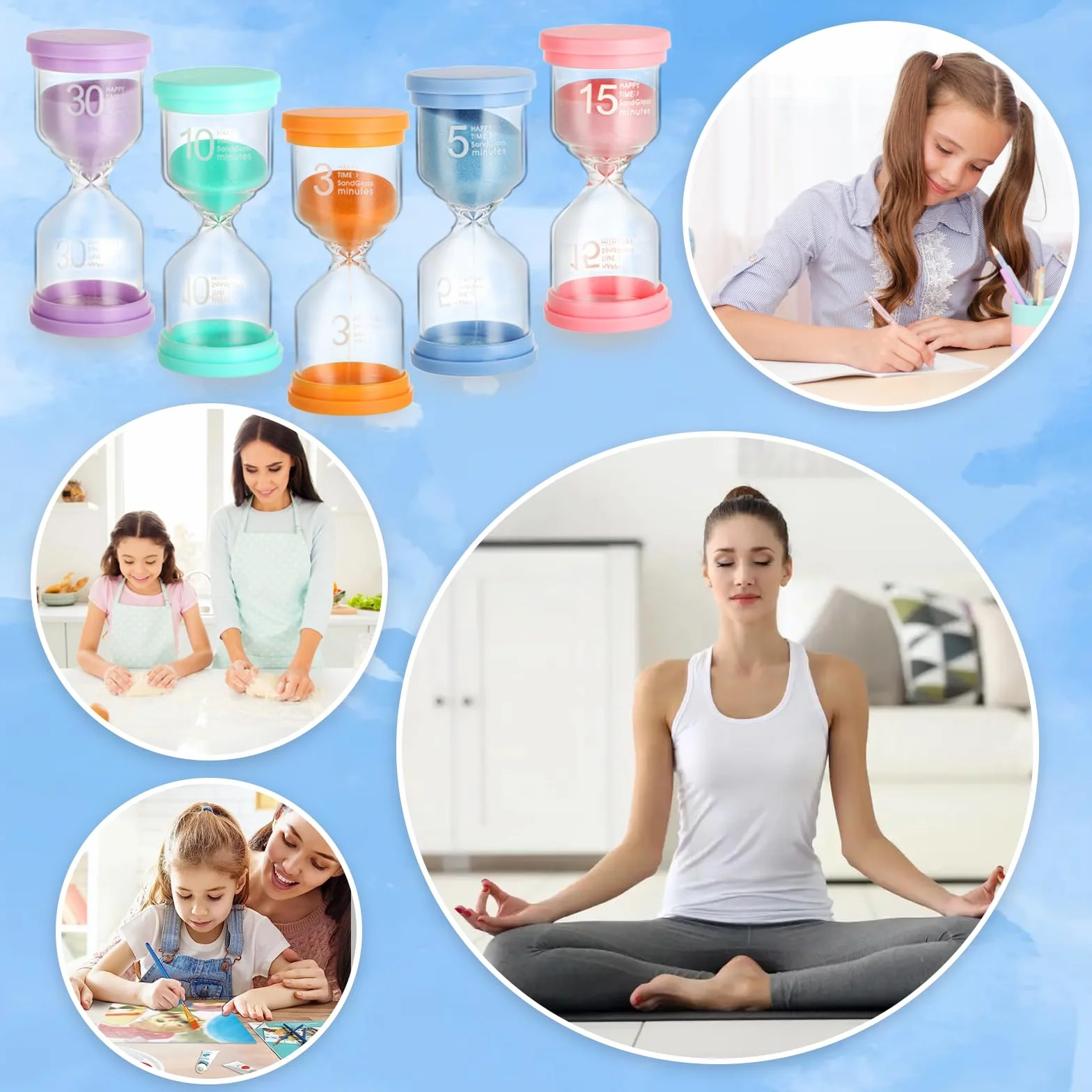 5-częściowy zestaw Makaronowa Klepsydra dla dzieci – szklany timer klepsydra 5 i 10 minut, 30 minut, idealny do mycia zębów