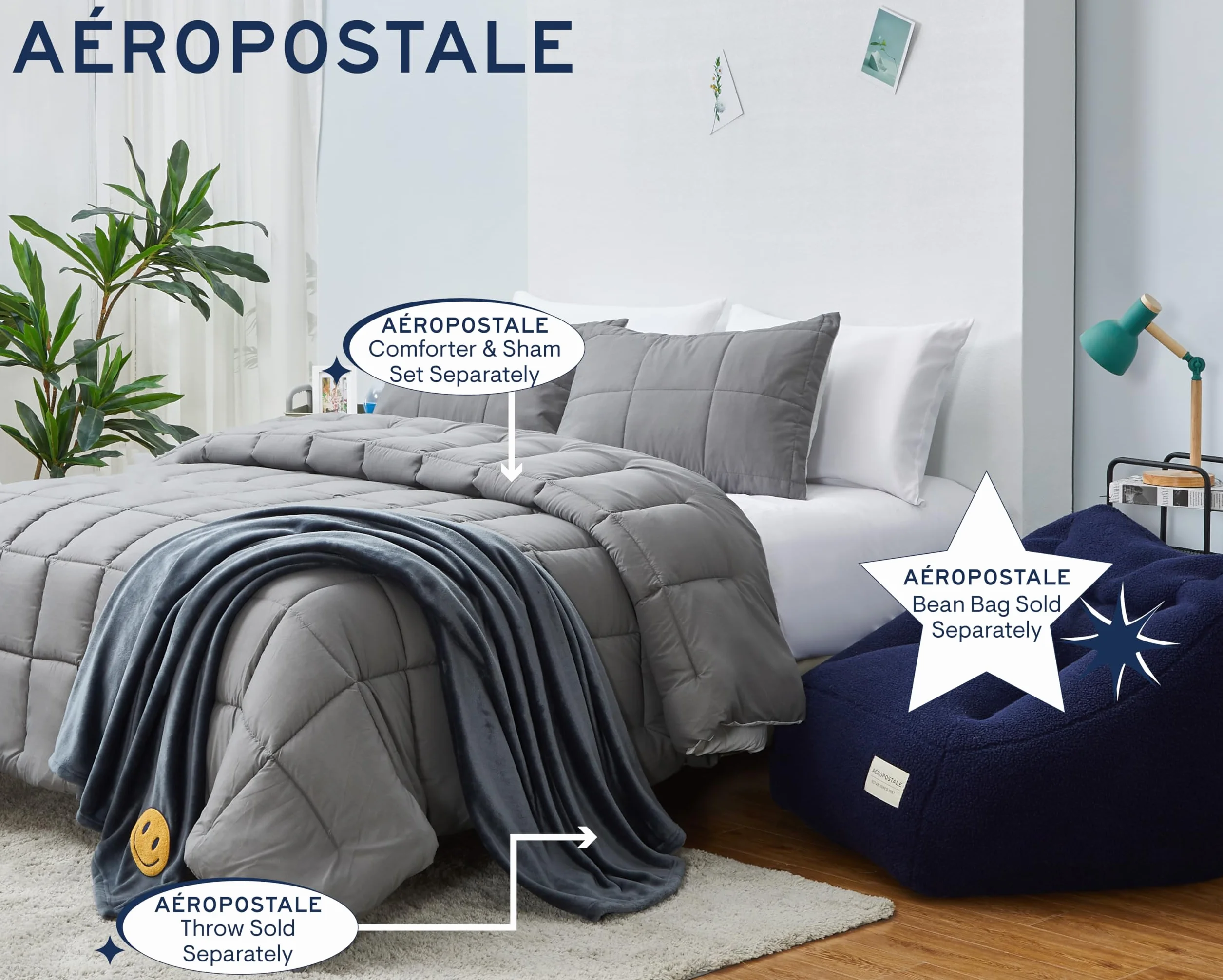 Aeropostale 127 cm x 178 cm luksusowy ciemnoszary, miękki, pluszowy, ponadwymiarowy koc z dekoracyjną naszywką z uśmiechniętą buźką