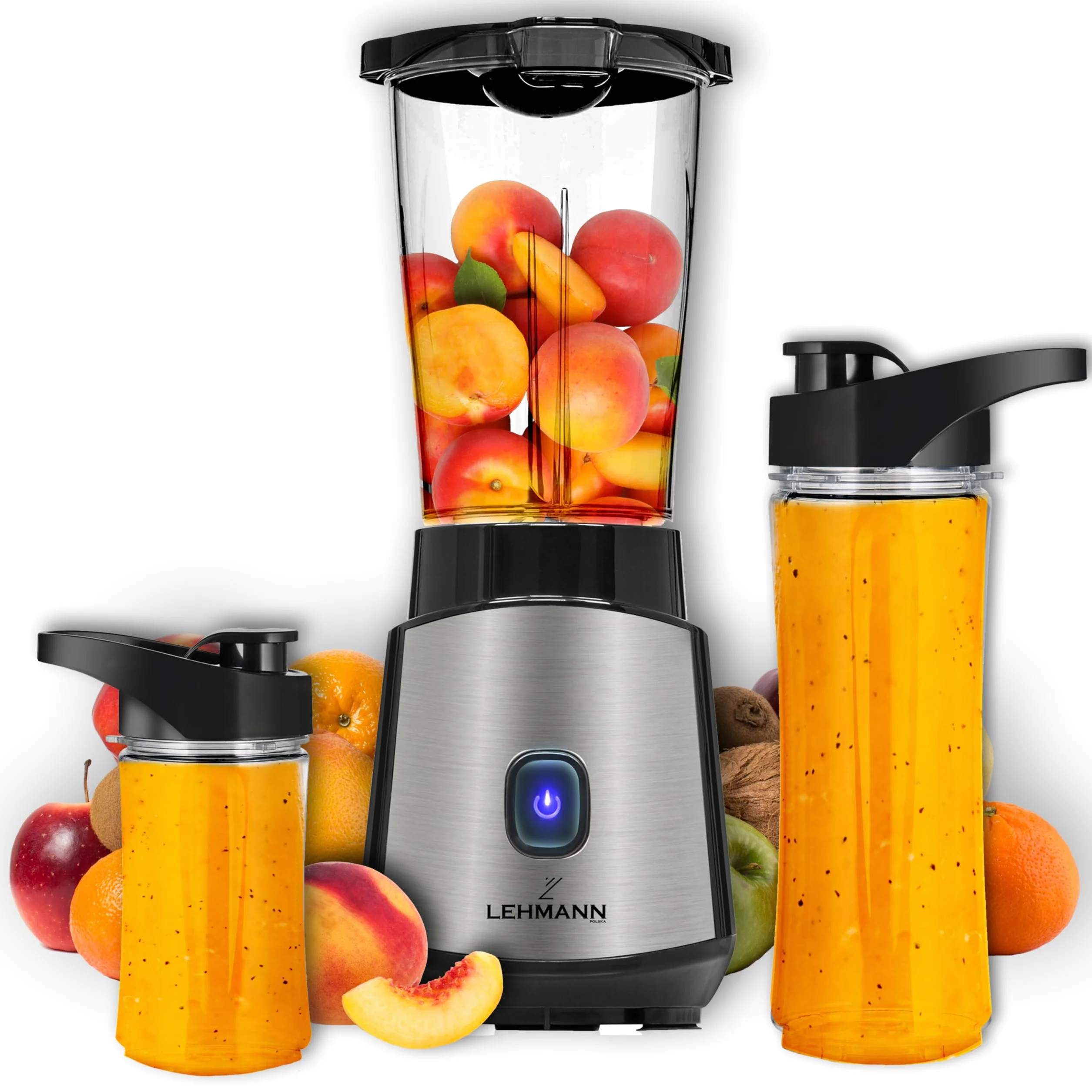 Lehmann Blender kielichowy Smoofit, blender do Smoothie 1200W, kielichowy, tworzywowy,mocny, dwa bidony do koktajli, przenośny, 1000 ml/ 570 ml/ 400 ml, pulsacyjne rozdrabnianie, łatwe czyszczenie