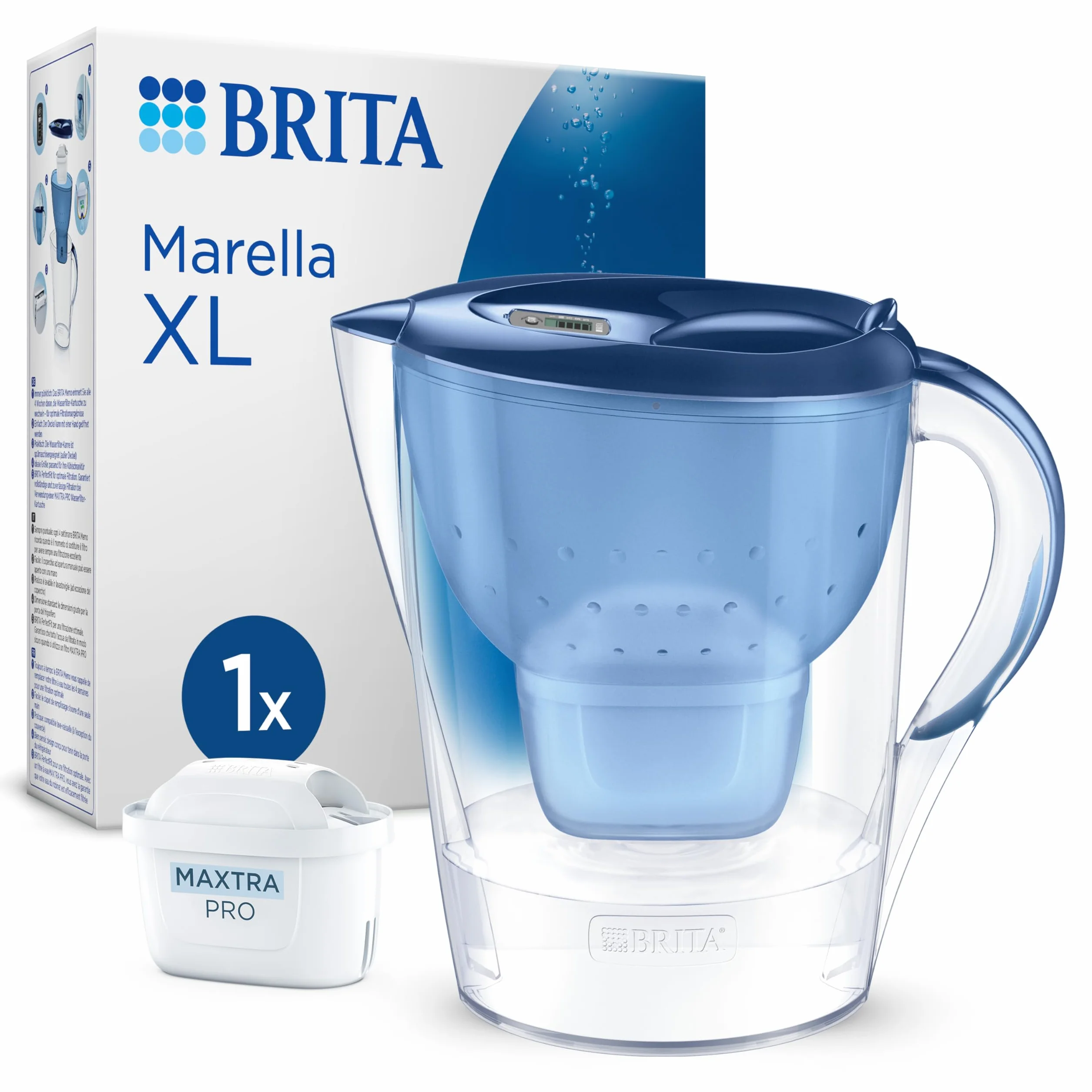 BRITA Dzbanek filtrujący Marella XL Blue (3,5 l) z 1 oryginalnym filtrem BRITA MAXTRA PRO Pure Performance redukującym chlor, kamień, PFAS i metale – elegancja i funkcjonalność