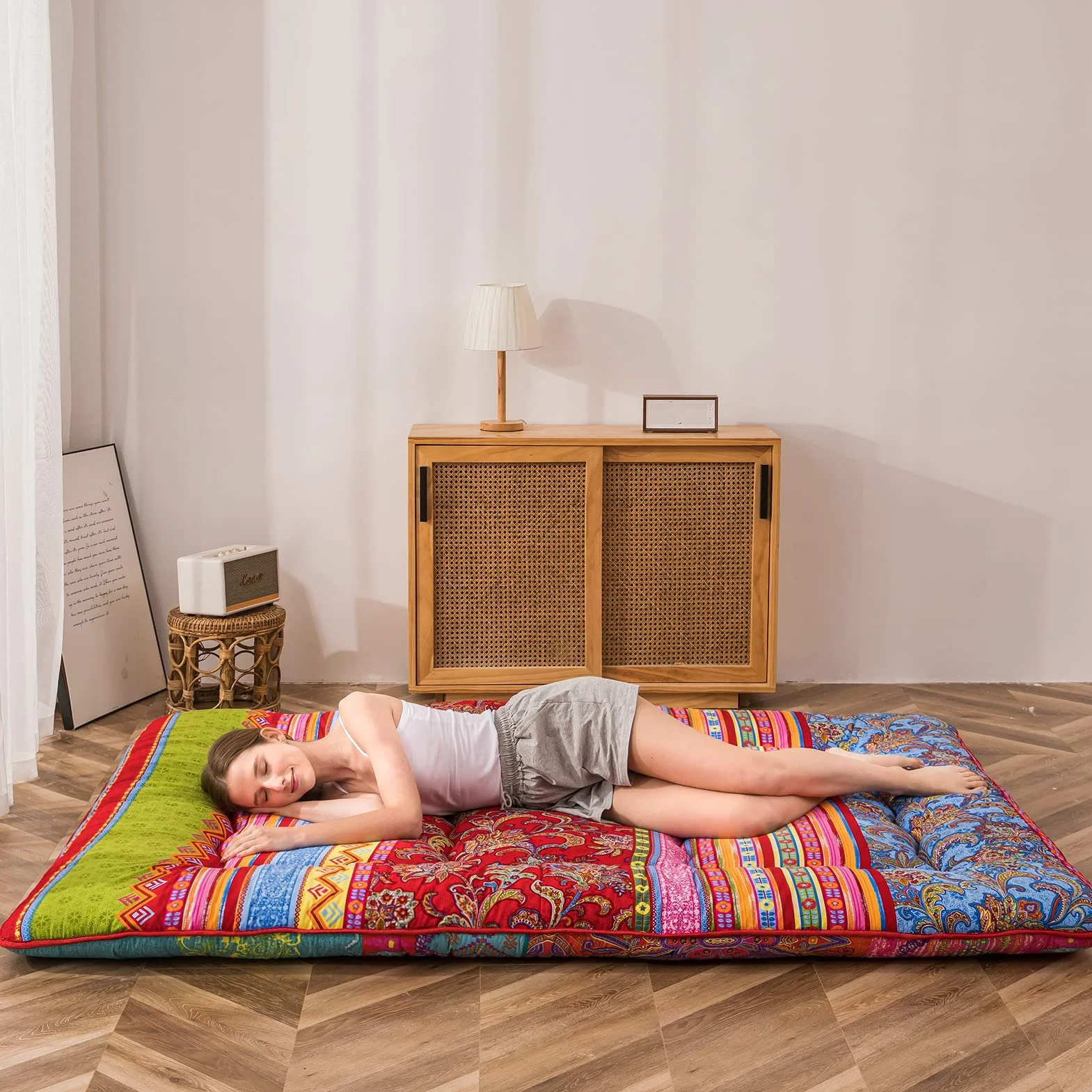 MAXYOYO Bohema retro materac podłogowy vintage kwiatowy japoński futon materac zwijany pogrubiony łóżko do spania przenośny materac kempingowy leżak podłogowy kanapa łóżko materac podkładka (boho C