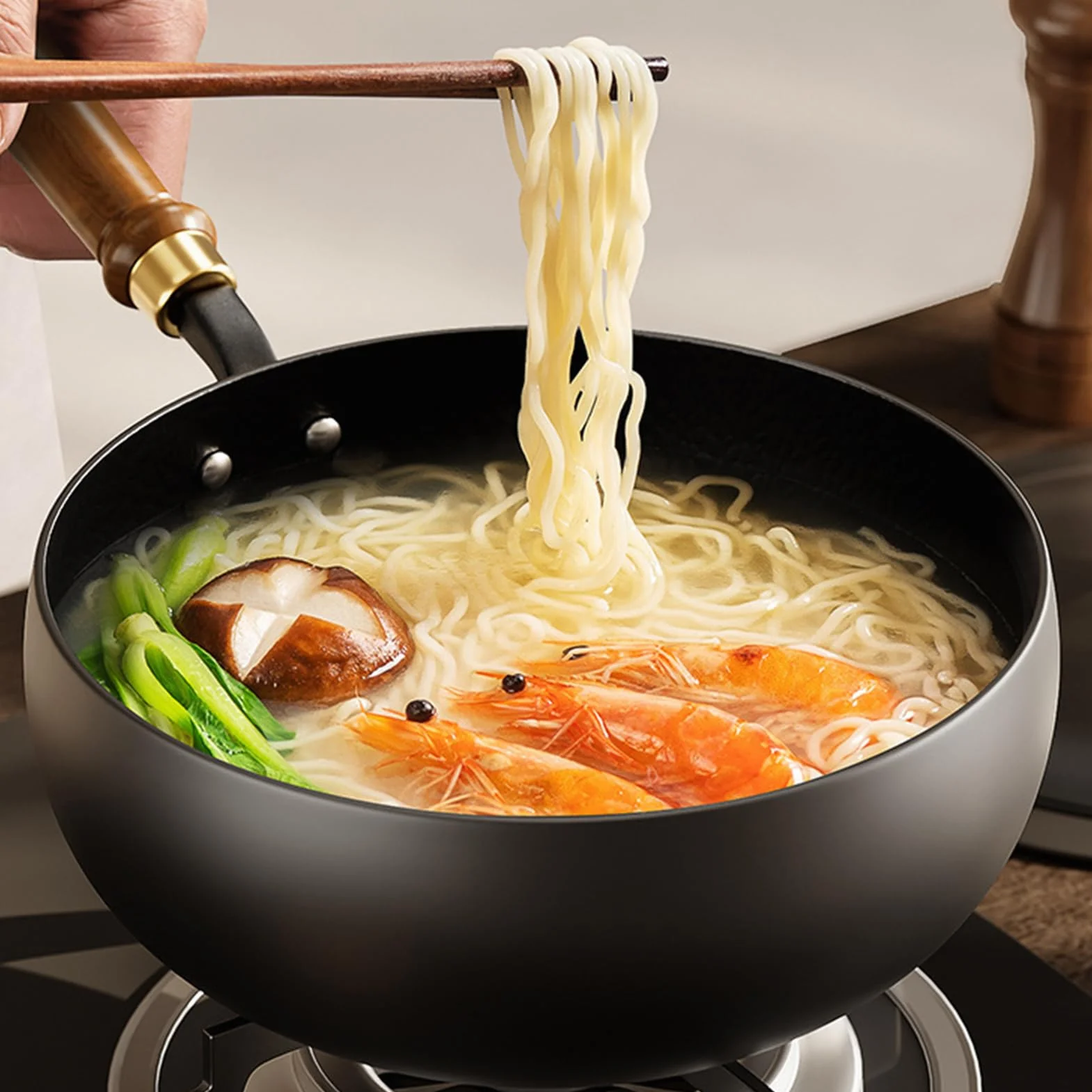Chiński ręcznie robiony żeliwny wok, patelnia z pokrywką i drewnianym uchwytem, bez powłoki, chiński wok, patelnia nieprzywierająca, artykuły kuchenne, do domu, mieszkania, kempingu, restauracji, 20