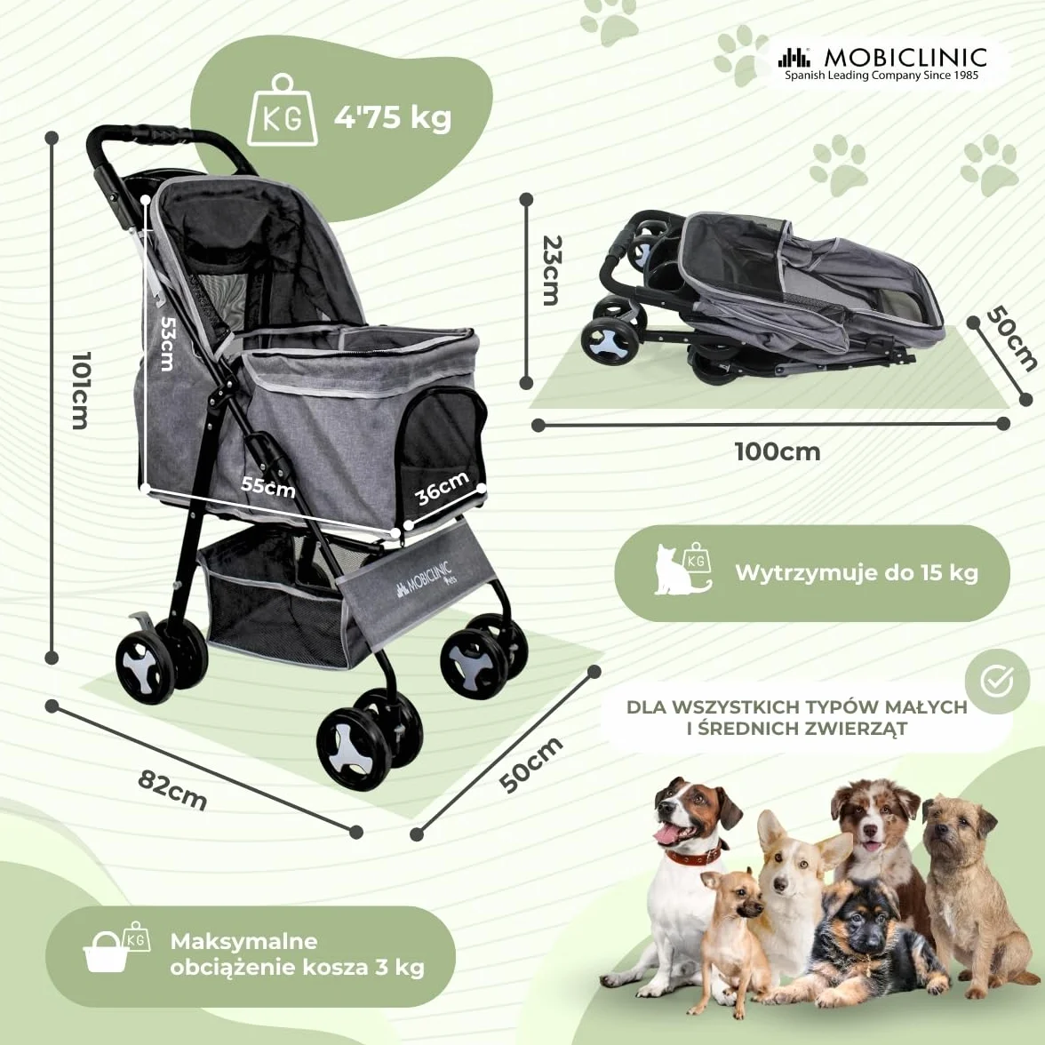 Mobiclinic®, Składany wózek dla psa, Do 15 kg, Małych Psów, Koł z hamulcami 360°, Kosz xl, 3 Okna Zamkiem Błyskawicznym i Moskitierą, Zuma (Szary)