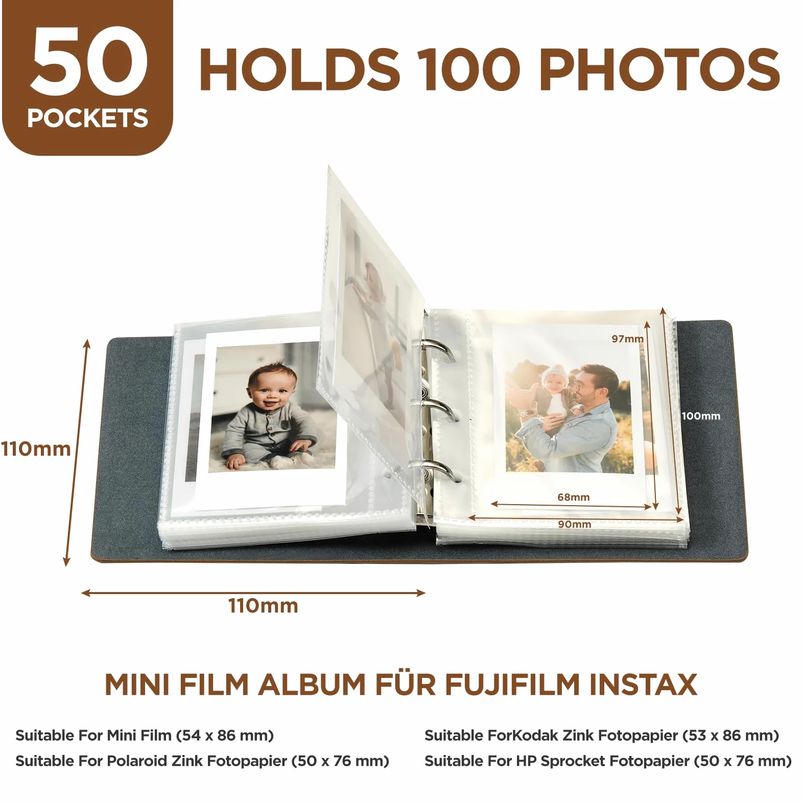 50 kieszeni mini album na zdjęcia pasujący do Fujifilm Instax Mini 9 / Mini 8 / Mini 90 / Mini 25 / Mini 11, pasujący do Polaroid Snap/Z2300/, brązowy, HOMEMARS album na zdjęcia mały, unikalny design