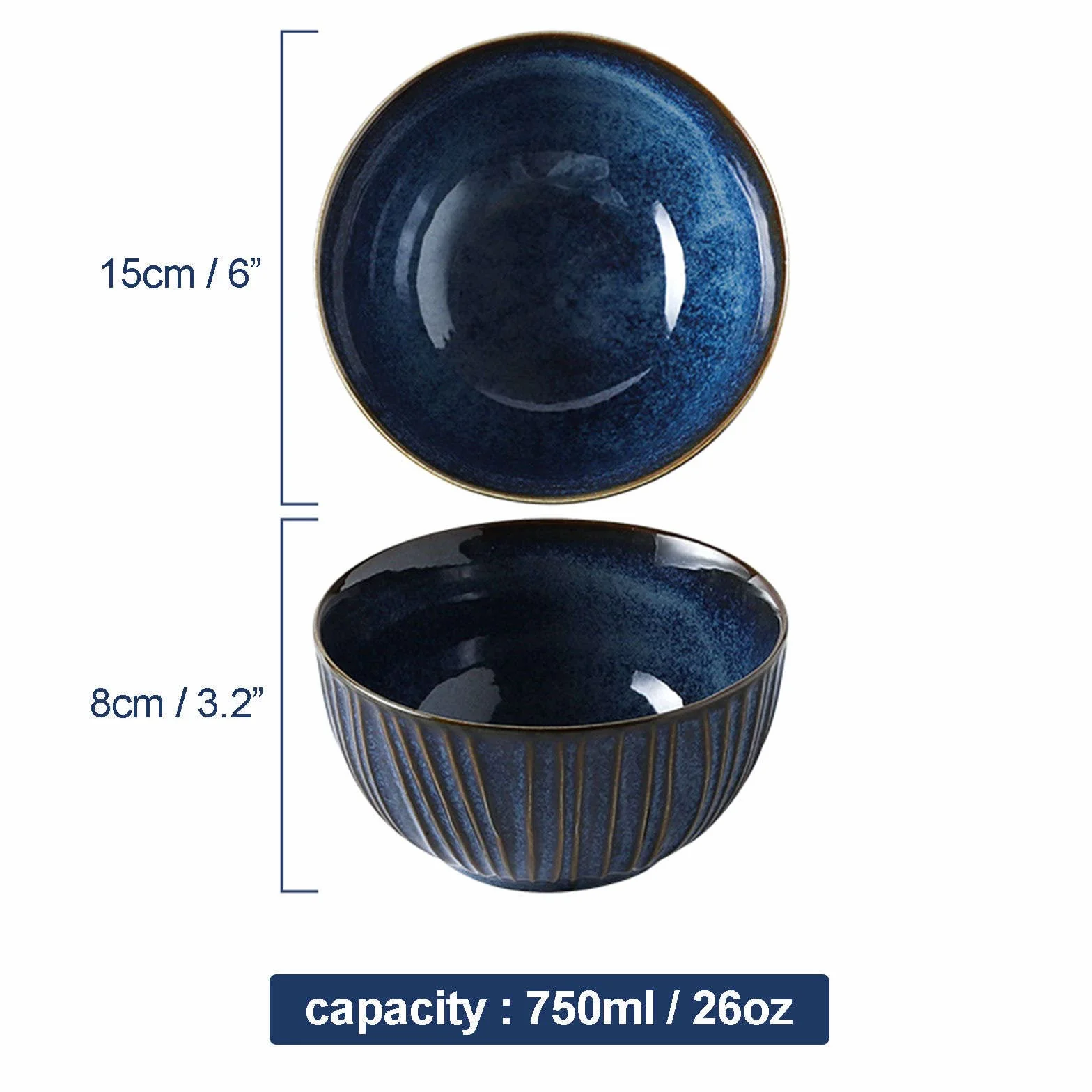 Duże ceramiczne miski do serwowania, zestaw 2 sztuk, niebieska miska na płatki śniadaniowe na śniadanie, mała głęboka miska sałatkowa do zupy, niebieska, 750 ml, 25 ml