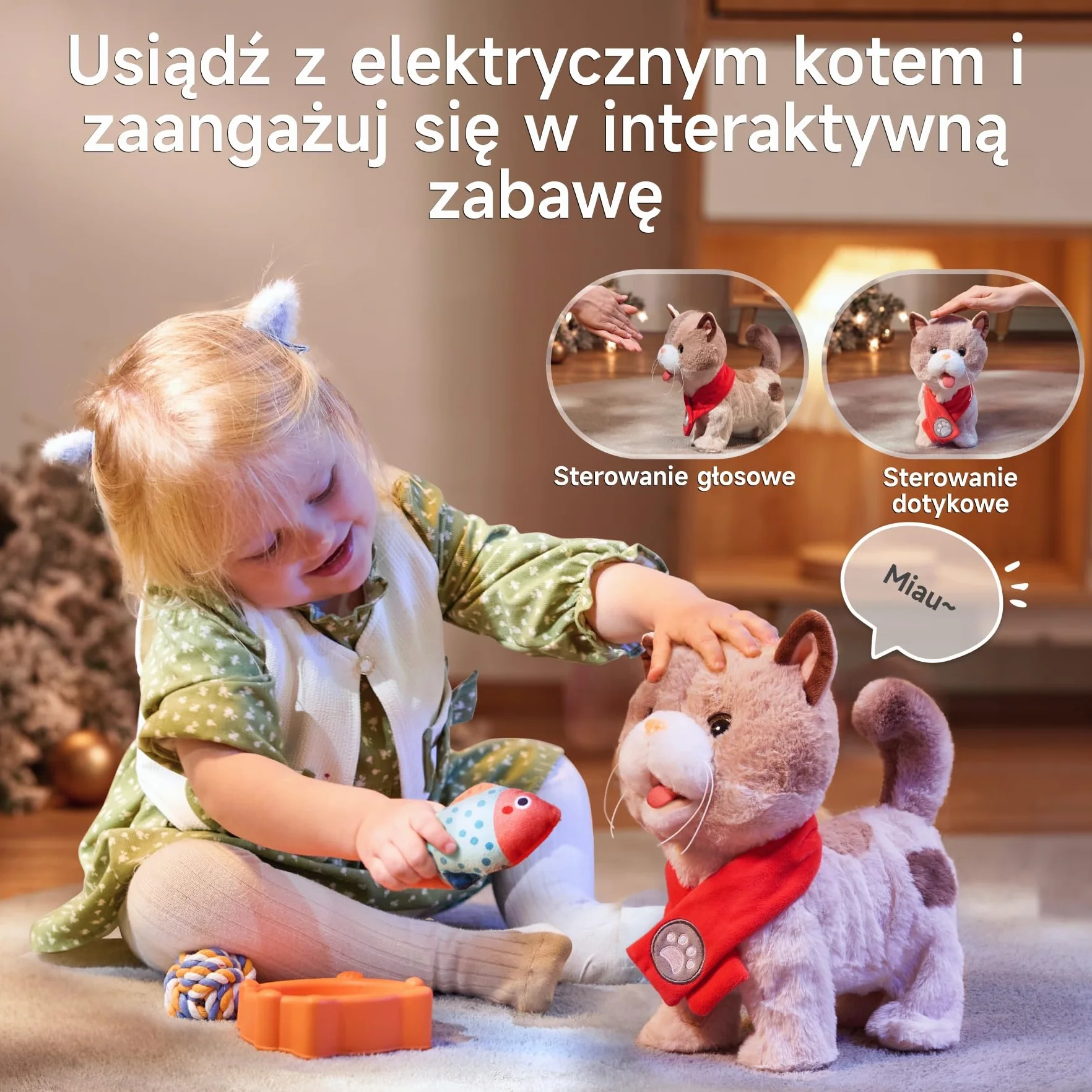 Interaktywny Elektroniczny Pluszowy kot Zabawka dla dzieci, Realistyczny Chodzący kot Zabawka, która chodzi, miauczy, wysuwa język i macha ogonem, Kociak Zabawka z Smycz