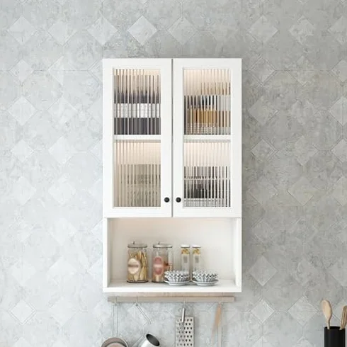 Szara szafka kuchenna naścienna ze szklanymi drzwiami, uniwersalne szafki do przechowywania do salonu, łazienki, gabinetu i balkonu, 80 x 97 x 30 cm stojak ekspozycyjny