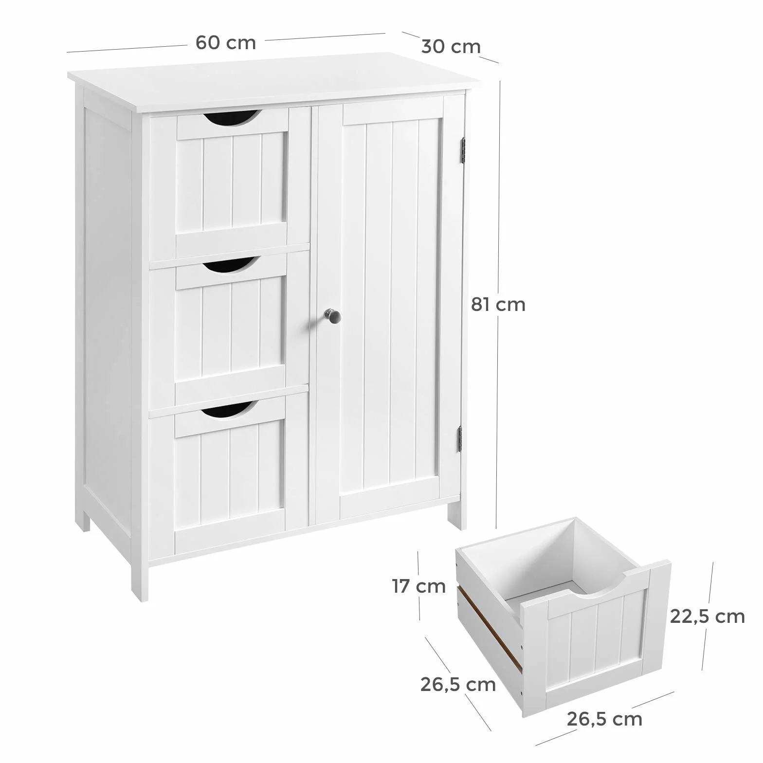 VASAGLE BBC49WT Szafka łazienkowa do przechowywania, szafka łazienkowa z 3 szufladami, wolnostojąca, z 1 drzwiami, regulowana półka, 30 x 60 x 81 cm, biała chmurka