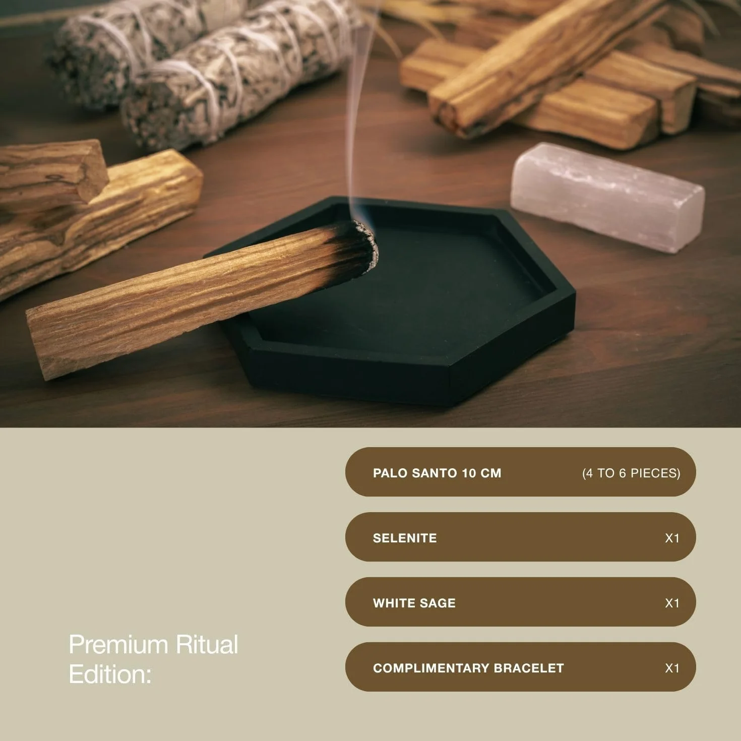 Zestaw do oczyszczania energetycznego: 4 Palo Santo, 1 biała szałwia, bransoletka jako prezent + selenit (cyfrowa zawartość QR) – naturalne i idealne do medytacji, jogi, rytuałów duchowych