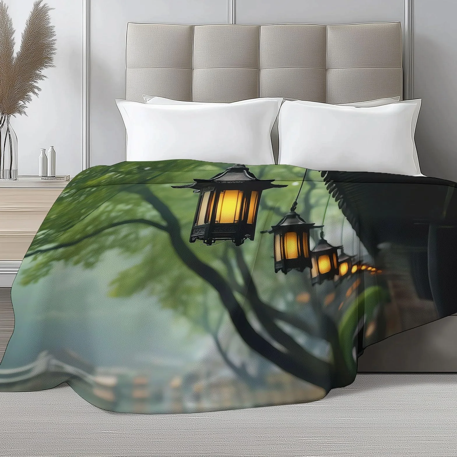 Łupek zielony koc narzuta, chińska architektura, okap, scena uliczna, całoroczny, flanelowy koc, 220 x 240 cm, łupkowa zieleń, miękki, lekki, przytulny, puszysty, pluszowy koc, prezent dla dorosłych
