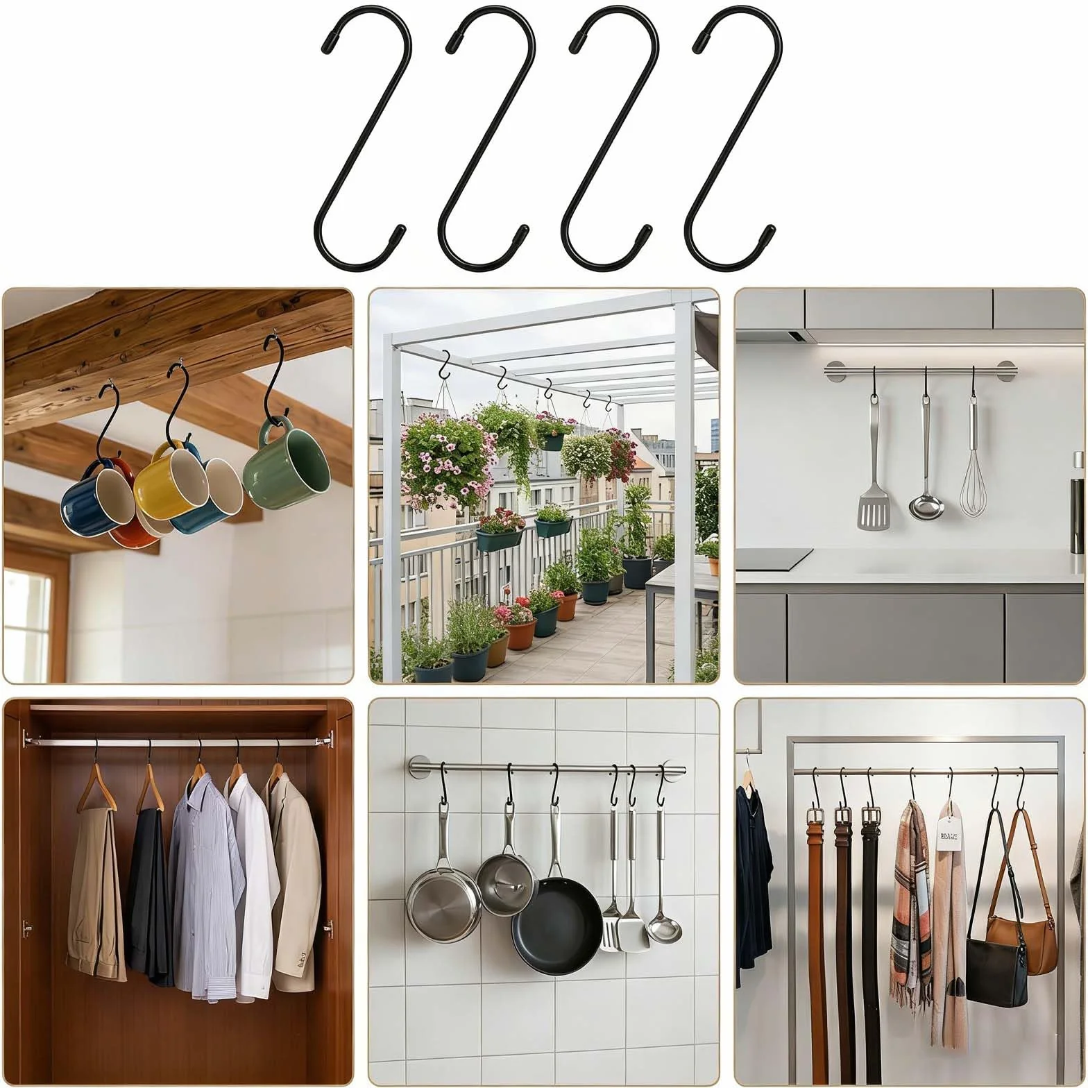 6 sztuk dużych haczyków w kształcie litery S, 20 cm, czarne, ze stali tytanowej, stabilne, antypoślizgowe, do kuchni, garderoby, do garażu, szaf, kwiatów, koszów, tarasu