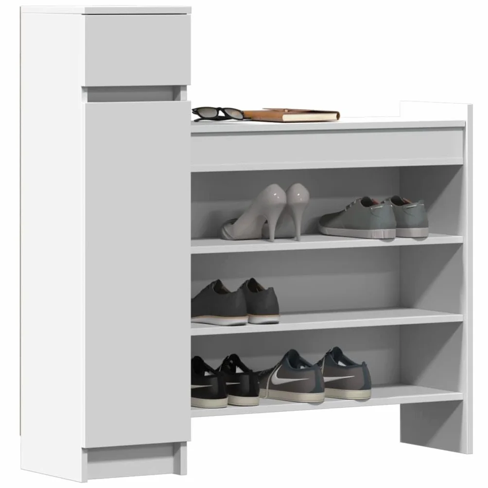 Biała szafka na buty, materiał drewnopochodny, 100,5 x 28 x 100 cm, z 1 szufladą, 2 drzwi, 4 półki, do korytarza, wejścia, sypialni, stylowa