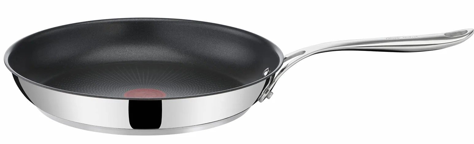 TEFAL E30406 Jamie Olivier Cooks Direct Patelnia 28 cm, stal nierdzewna, nieprzywierająca powłoka wzmocniona tytanem, wskaźnik Thermo Signal, nitowany uchwyt, do wszystkich kuchenek, srebrny/czarny