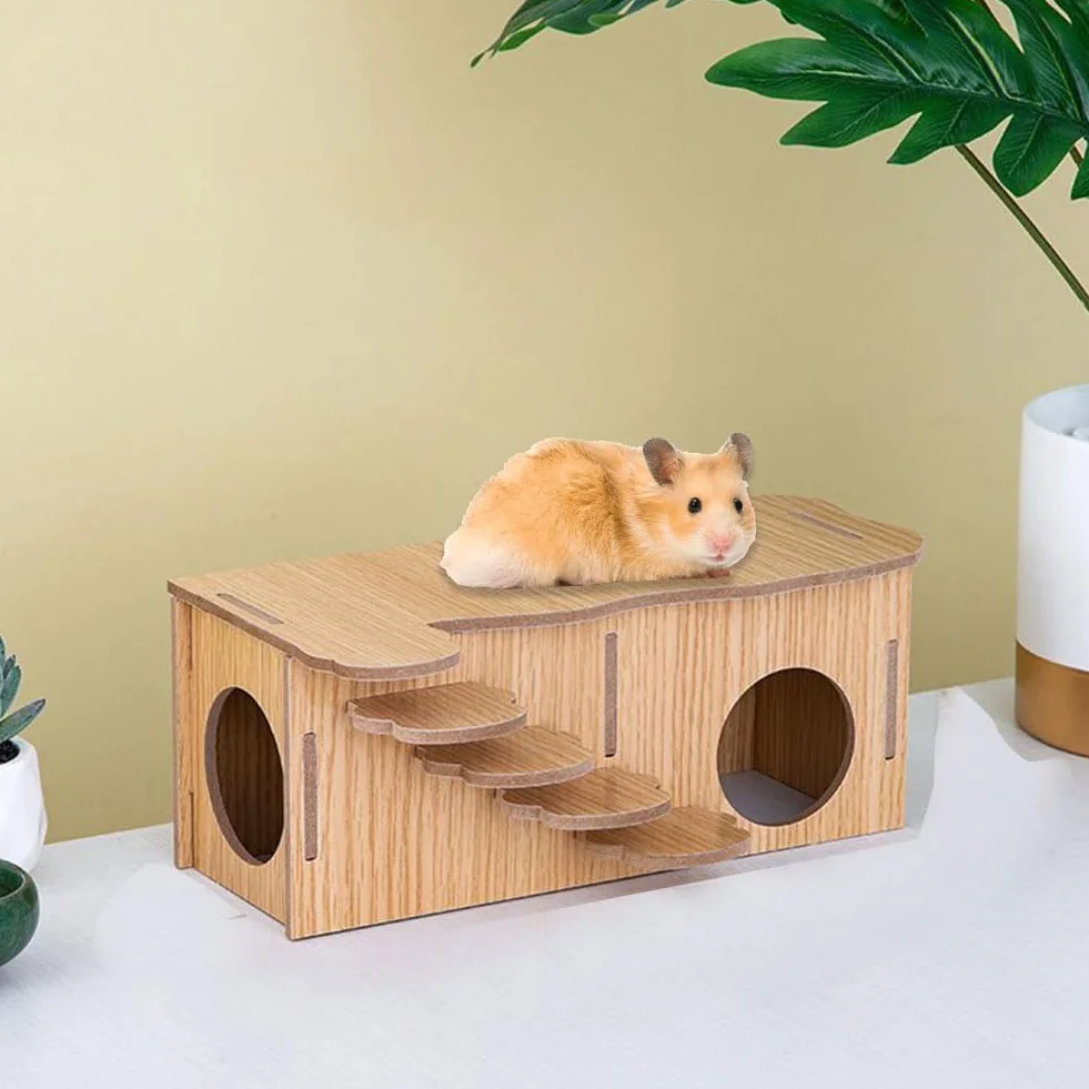 Domek ze świnką morską, drewniany domek dla chomików, drewniany domek dla chomików, akcesoria do klatki dla świnek morskich, odpowiedni dla chomików do jedzenia, spania i zabawy, 27 x 14 x 10,5 cm