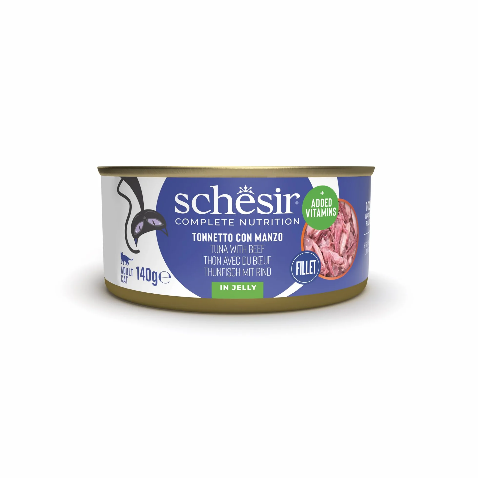 Schesir, Tuńczyk z galaretką wołową, mokra karma dla kotów, puszka, 100% naturalne składniki, wolne od okrucieństwa, 8 x 140 g