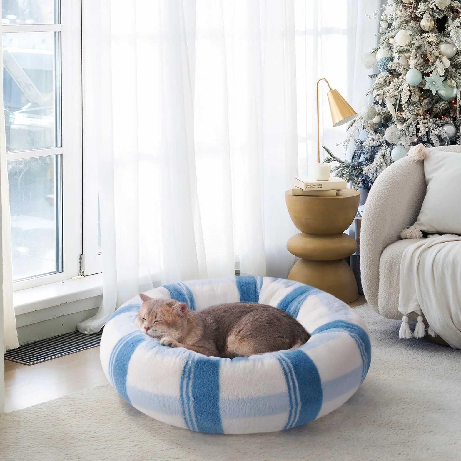 MEWOOFUN Sofa dla kota, legowisko puszyste, niebieski w kratę, M