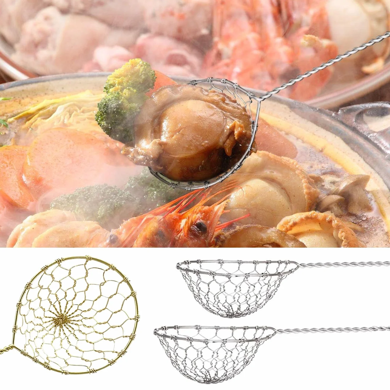 Sitko kuchenne ze stali nierdzewnej, 6 sztuk, z uchwytami, sitko kuchenne do fondue, sitko ze stali nierdzewnej, średnica 6,3 cm, dł. 23 cm (srebrne)