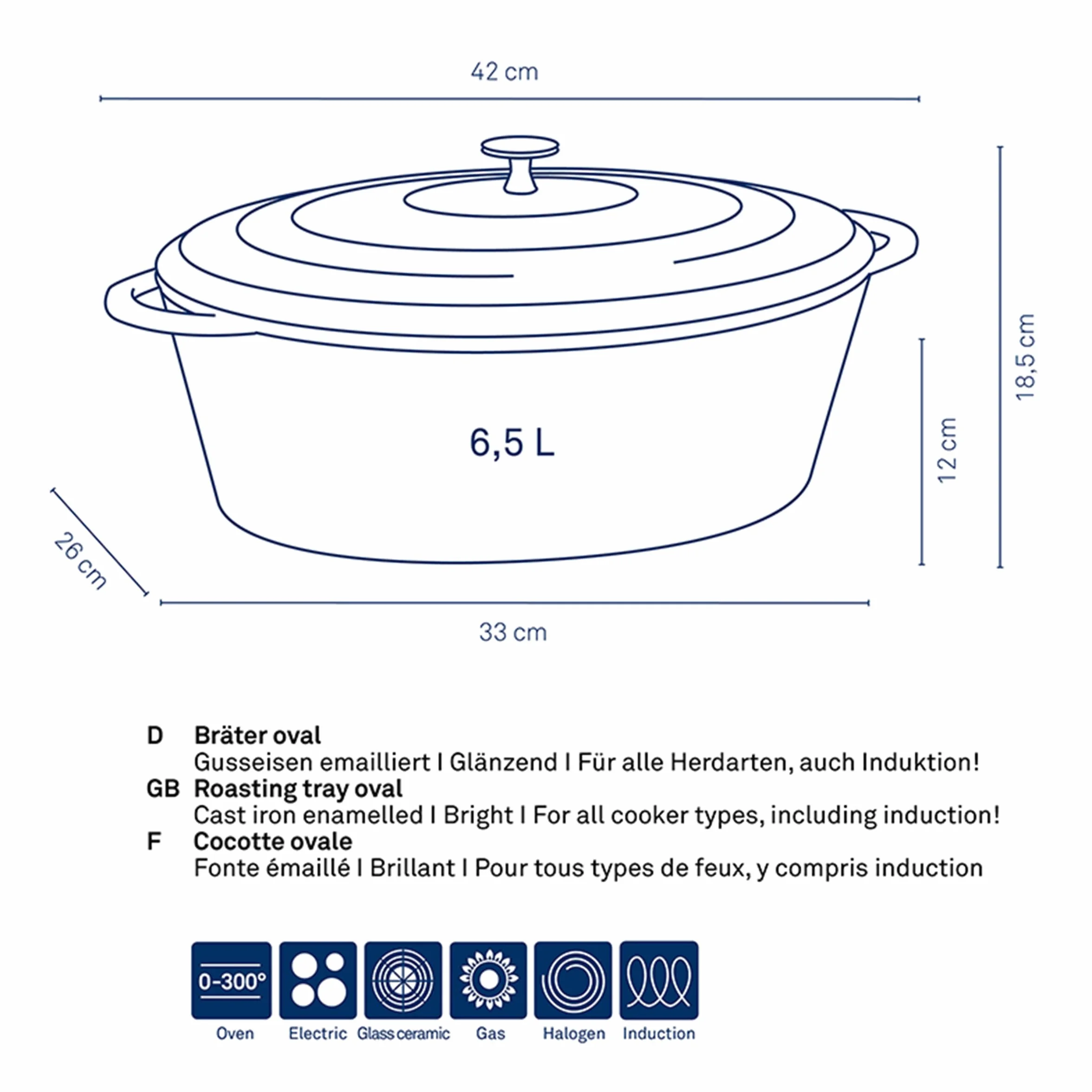 kela Garnek żeliwny owalny 6 litrów, Dutch Oven CALIDO, indukcyjna brytfanna żeliwna z pokrywką, żeliwny garnek do pieczenia chleba, emaliowana, jasnoszara, szara