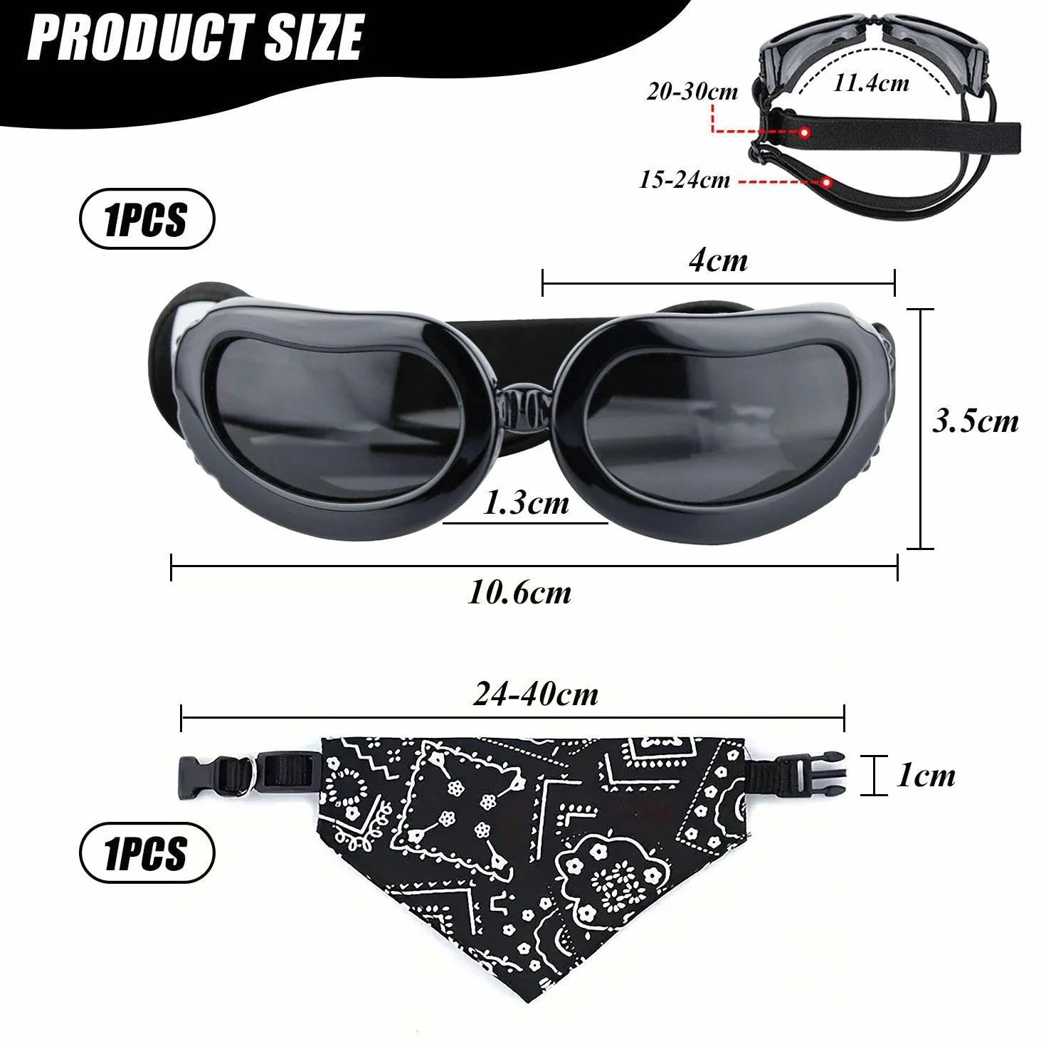 1 okulary dla małych psów i 1 x bandana dla psa, regulowane okulary, akcesoria dla zwierząt domowych, okulary przeciwsłoneczne dla psów, akcesoria do bandaży dla zwierząt domowych