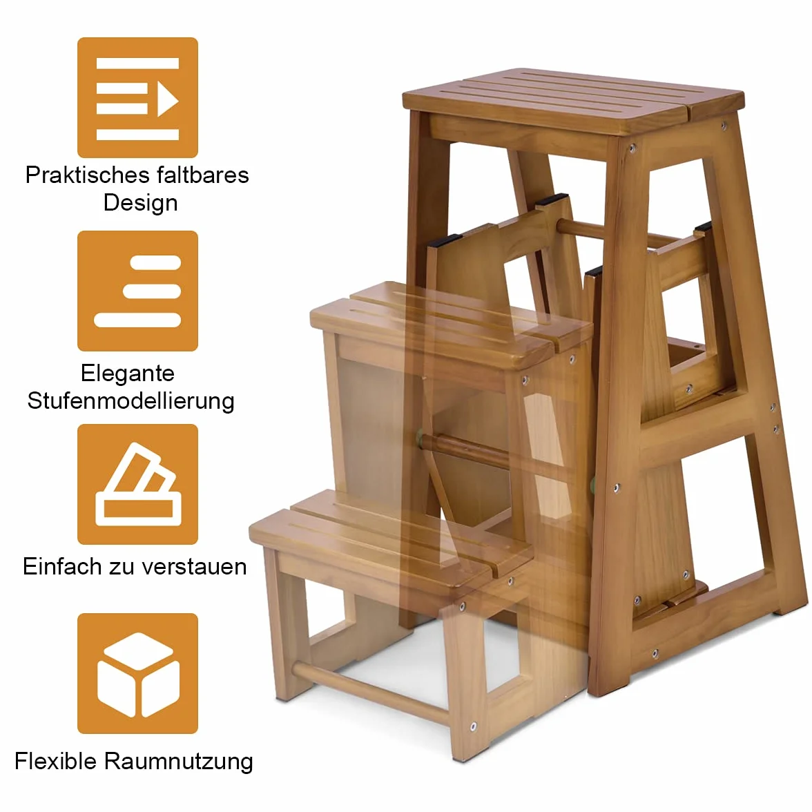 COSTWAY Drabinka taboret, 3 stopnie, krzesło drabinowe, składane krzesło do 150 kg, wysokość 66 cm, drabina z litego drewna, drabina do gospodarstwa domowego, pomoc przy wchodzeniu dla konia (natur)
