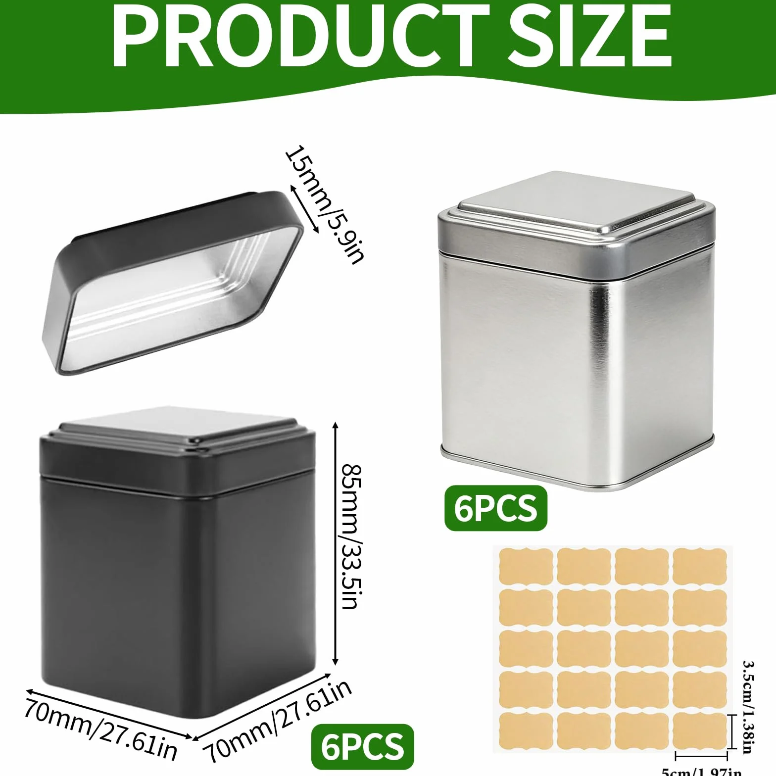 Klasyczne narożne pojemniki na herbatę, 12 sztuk pojemników na luźną herbatę z 1 naklejką z etykietą 7x7x8,5 cm Metalowe pojemniki na herbatę, herbatnik, pojemnik aromatyczny do mąki lub