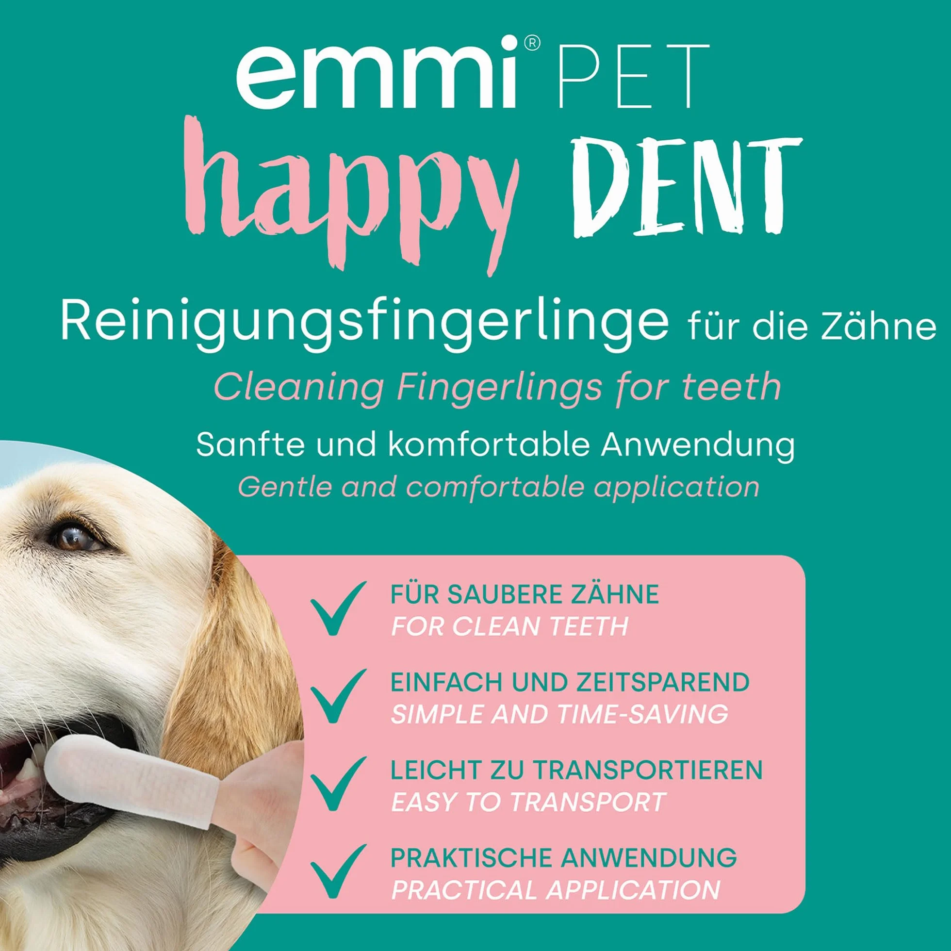 Emmi-pet Rękawiczki do czyszczenia zębów dla psów i kotów | 50 sztuk delikatnych ściereczek | Jednorazowe rękawiczki do czyszczenia zębów i dziąseł | Skuteczna pielęgnacja zębów zwierząt bez