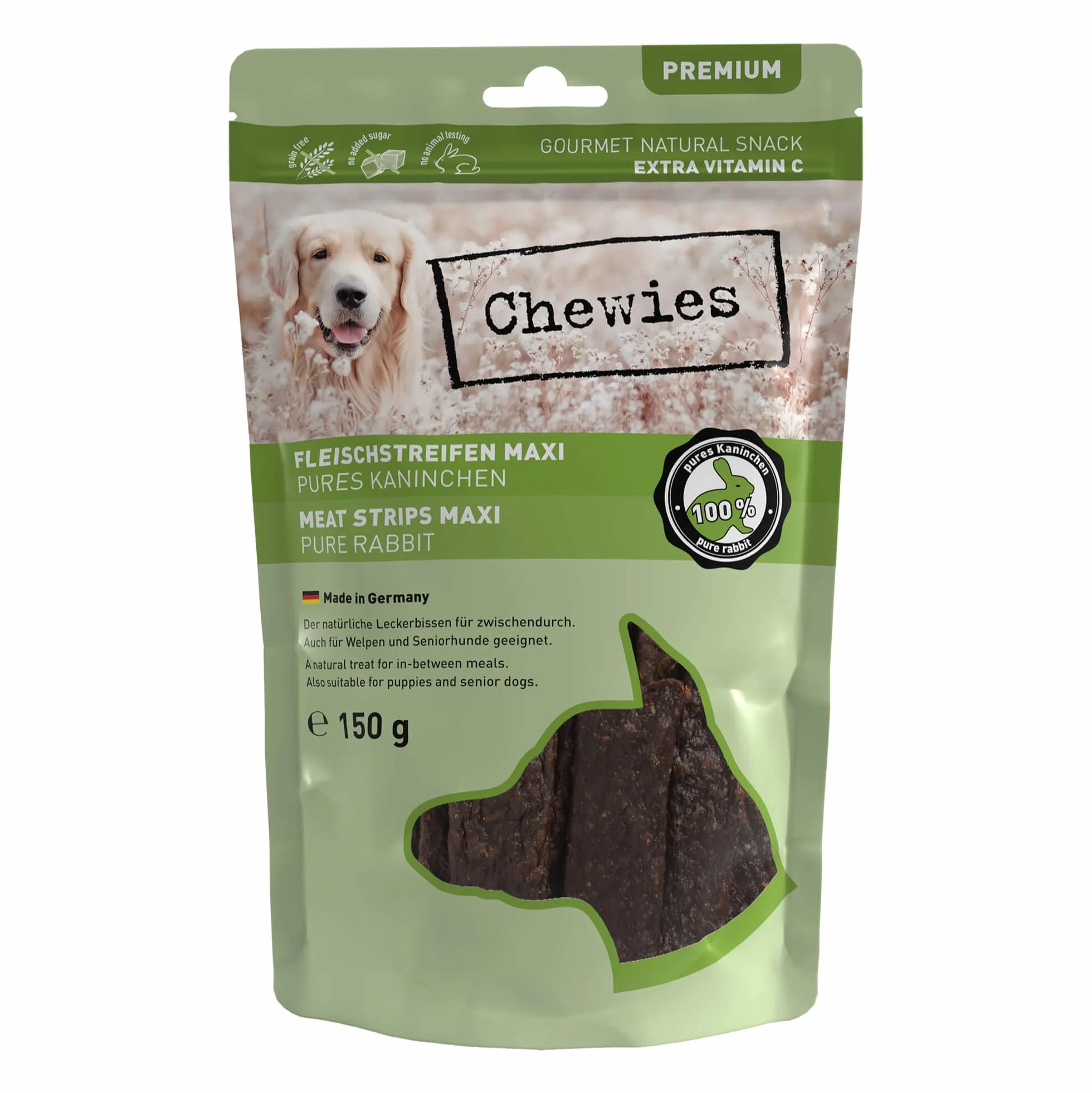 Chewies Paski mięsne MAXI przysmaki dla psów ze 100% mięsa króliczego – 150 g – suszone na powietrzu paski do żucia dla psów – bez cukru i zbóż – suszone mięso królika
