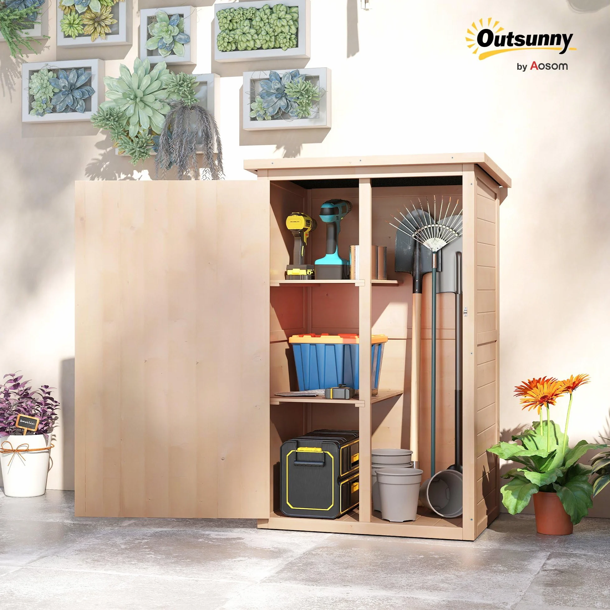 Outsunny Szafka ogrodowa Zniżka na narzędzia Drewno jodłowe wstępnie naoliwione Dach bitumiczny nachylony - Duży zamek drzwi - 2 półki - Sm. 75L x 56l x 115H cm