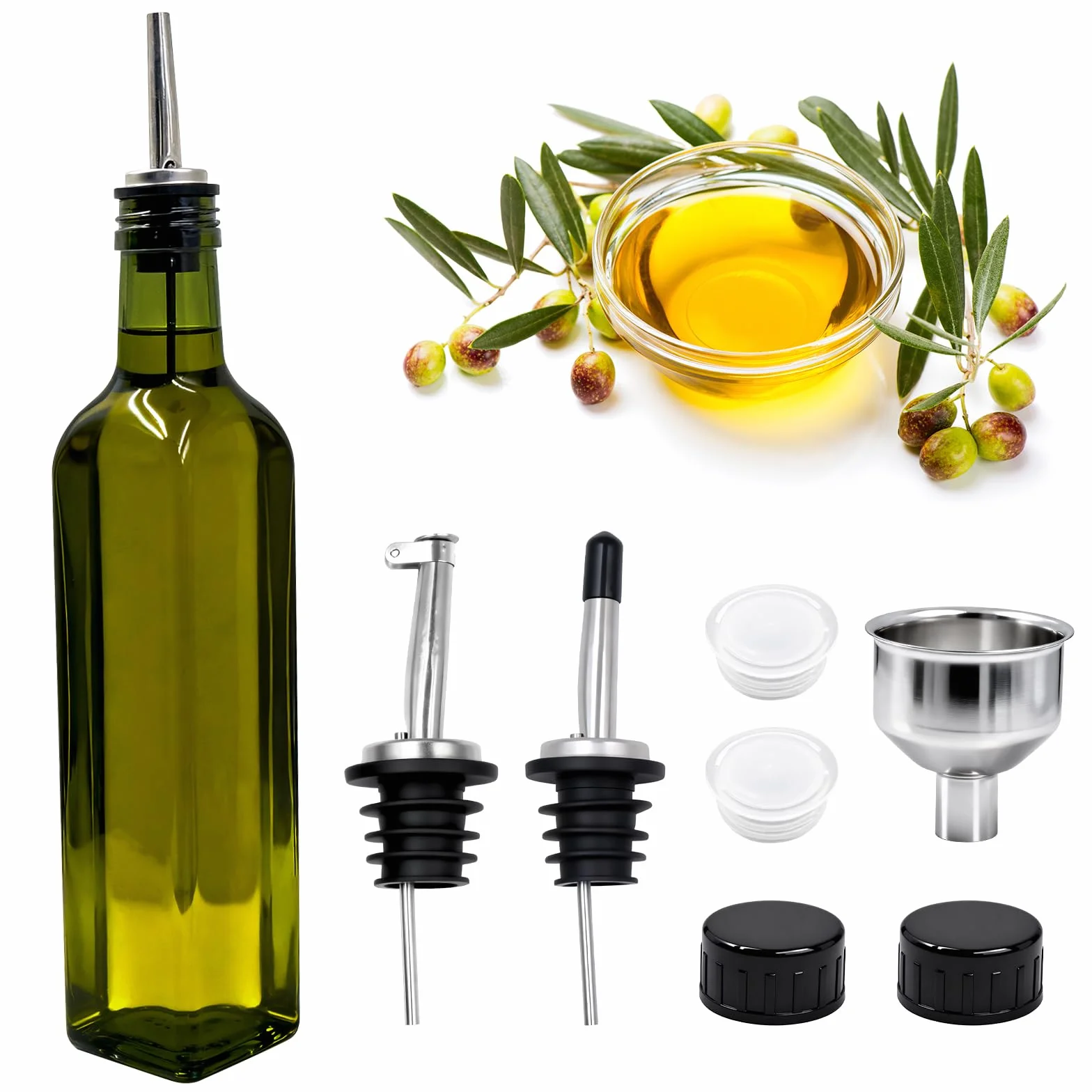 Butelka na olej z nalewakiem, butelka na olej 500 ml, szklana butelka na ocet z dozownikiem, z zamknięciem zapobiegającym zabrudzeniom, szczelna, nie kapie, do gotowania, grillowania