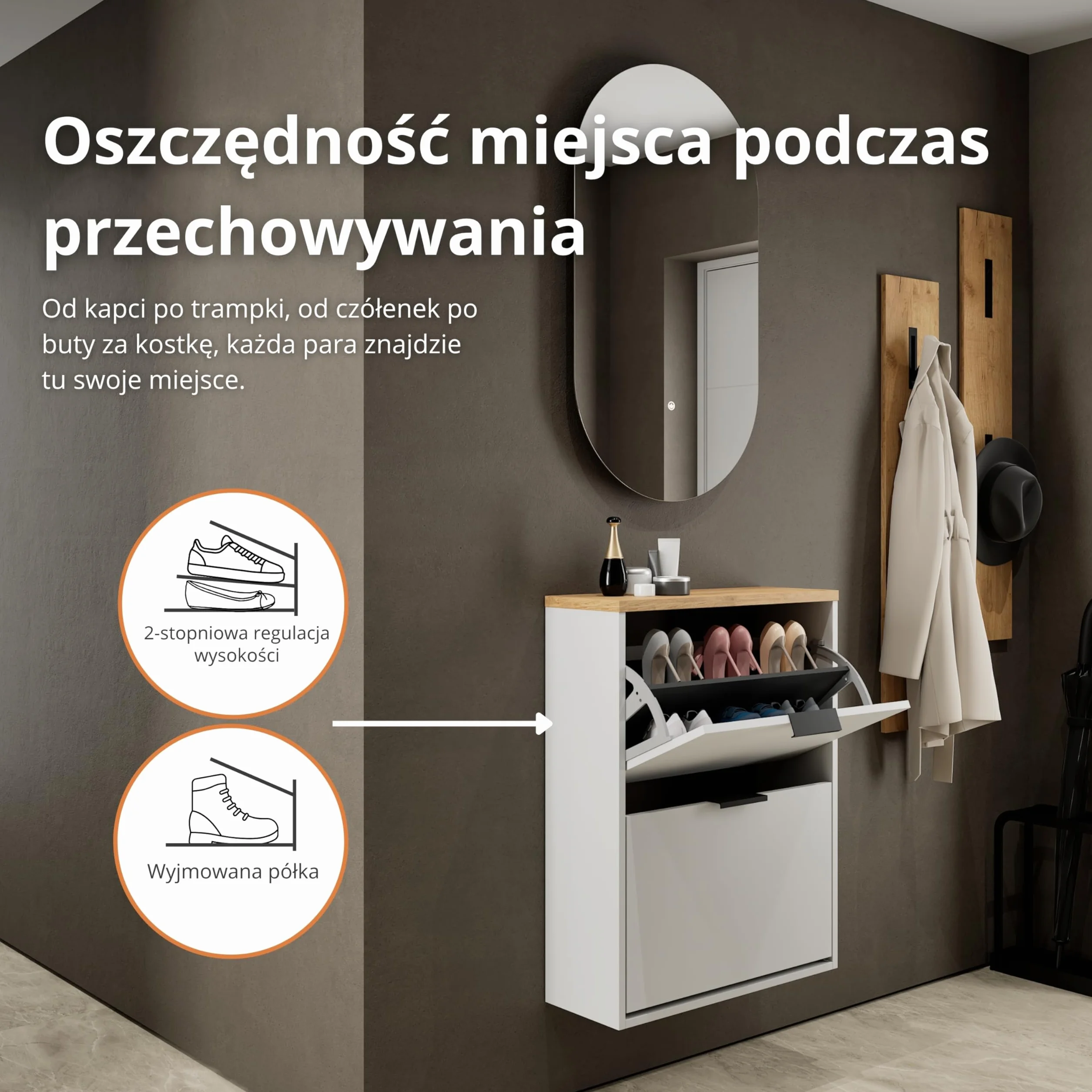 Planetmöbel wąska szafka na buty z 2 drzwiczkami, oszczędzająca miejsce półka na buty z 4 półkami, komoda na buty do przedpokoju, korytarza, garderoby 60 x 23 x 80,5 cm, biało-szara