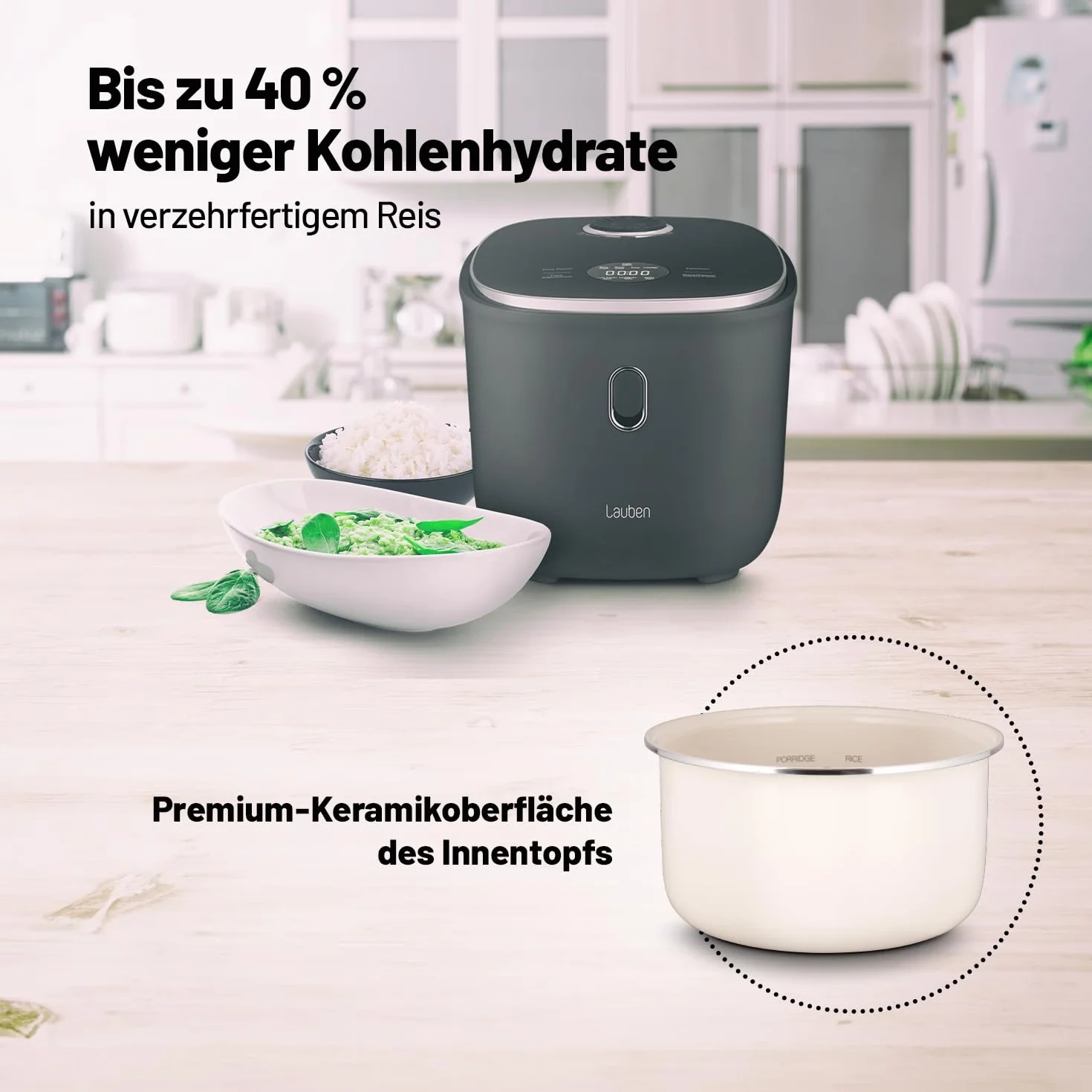 Lauben Low Sugar Rice Cooker szybkowar z funkcją niskiego cukru, pojemność 3 l, 6 trybów, opóźniony start, utrzymywanie ciepła, nieprzywierająca powierzchnia ceramiczna, nadaje się do mycia w