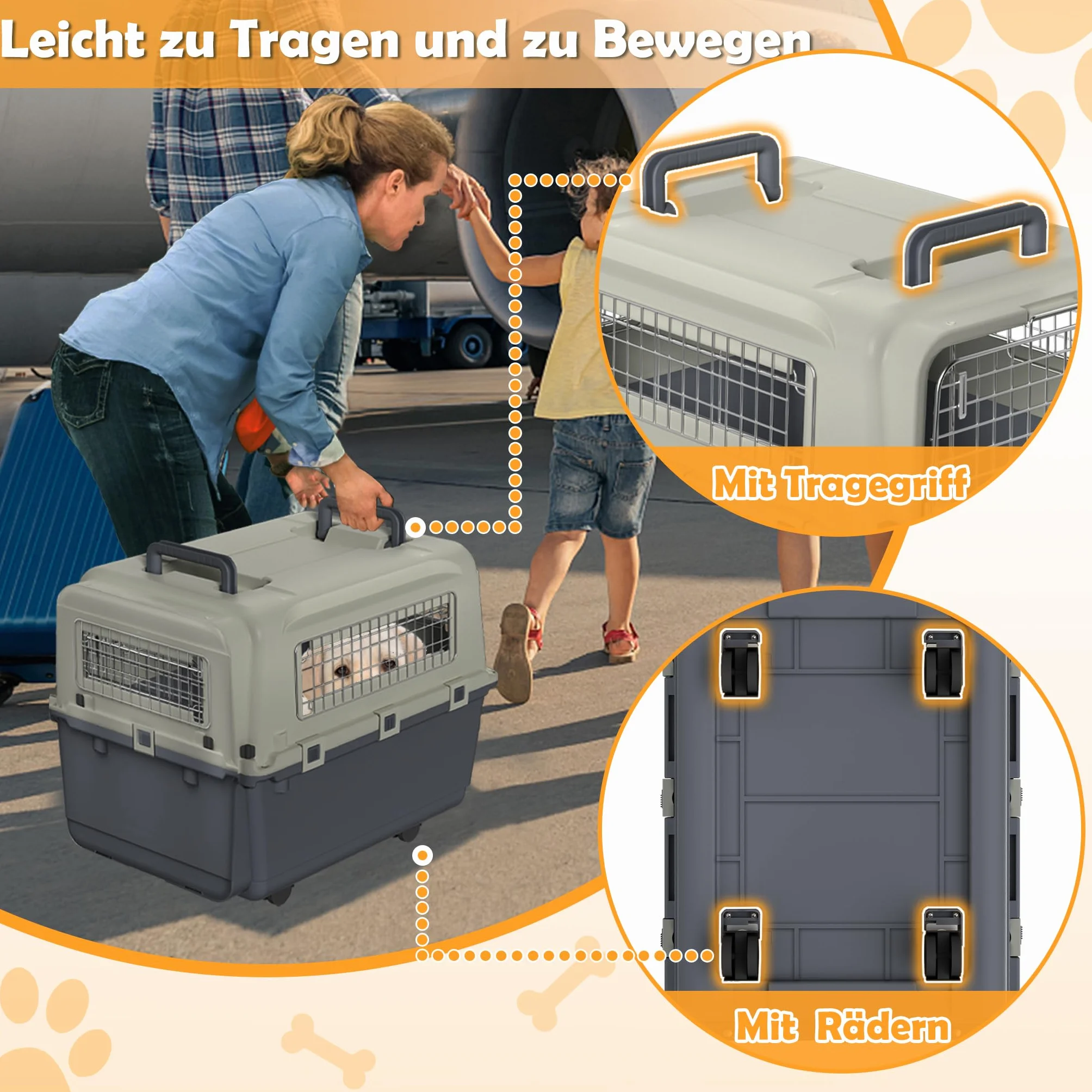 Froadp Pudełko transportowe dla zwierząt domowych, psa, kota, z tworzywa sztucznego PP, 67 x 51 x 58,5 cm, z kółkami i uchwytami dystansowymi na mocz i wiszącymi miseczkami do jedzenia
