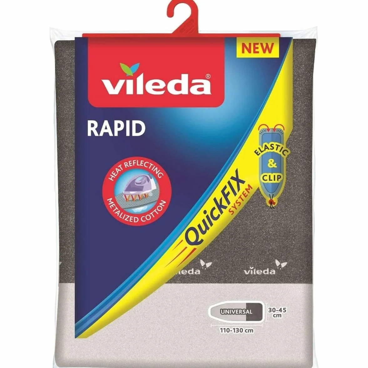 Vileda Pokrowiec na deskę do prasowania Rapid | 3 warstwy | 110-130 x 30-45 cm | Bawełna metaliczna Oeko-Tex | odbija ciepło, elastyczna krawędź i sznurek z klipsem