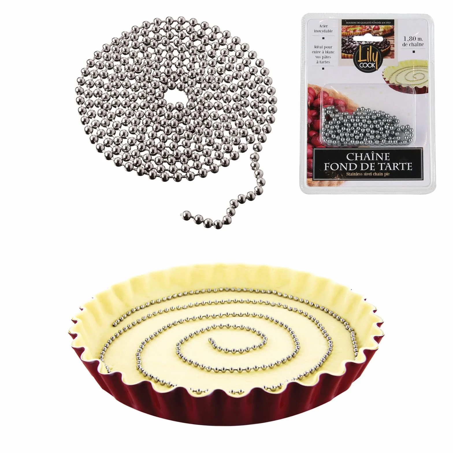 LILY COOK, KP0063, Łańcuszek bazowy do tarty ze stali nierdzewnej 180 cm, Precyzyjne i wszechstronne naczynie cukiernicze, idealne do tart i quiche, Srebro, 180 cm, Srebro