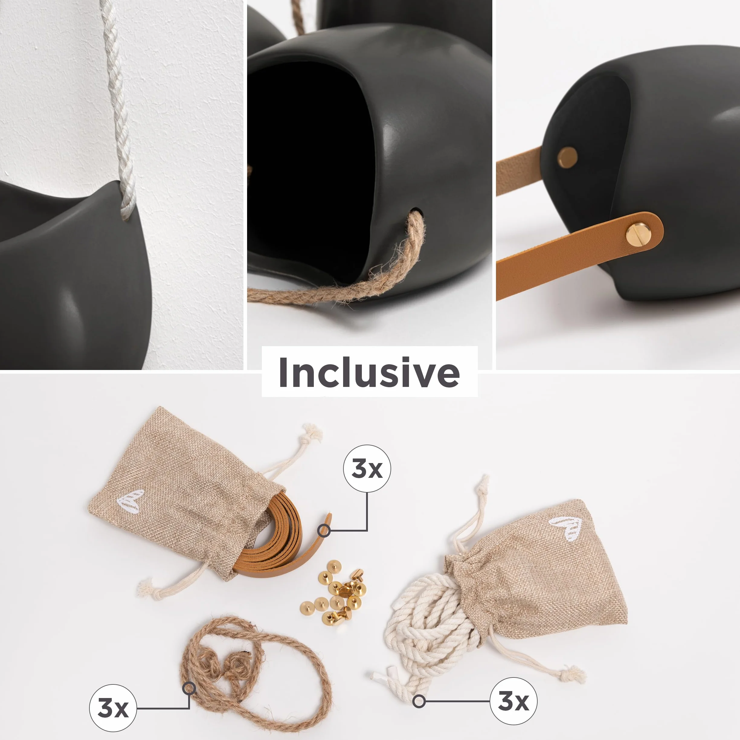 Kazai.® Donice Ścienne -Ellie- | Wiszące Ceramiczne Doniczki 3 sztuki | Dekoracja Ścienna do Wnętrz, Balkonów i Ogrodów | Grafitowy (matowy)