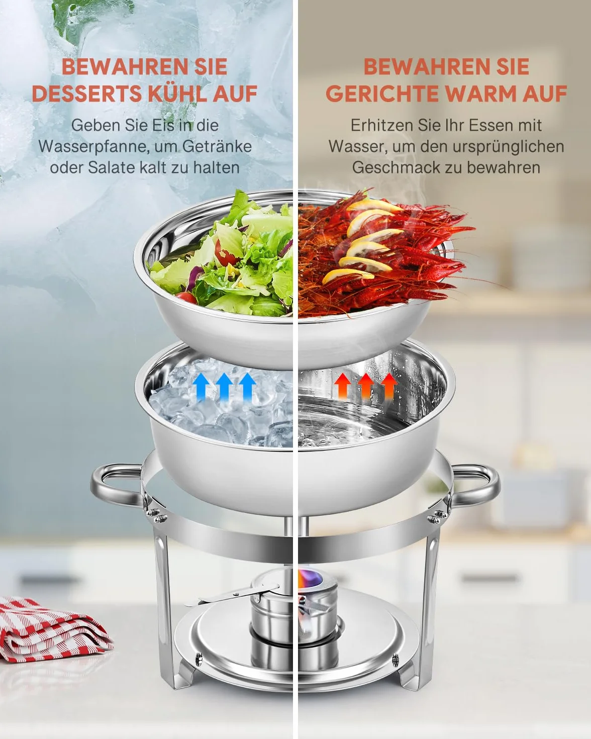 Wilprep podgrzewacz 5L 6-częściowy zestaw okrągłych pojemników termicznych ze stali nierdzewnej Chafing Dishes podgrzewacz do potraw, pojemnik termiczny, podgrzewacz do zup Bain Marie pojemnik do